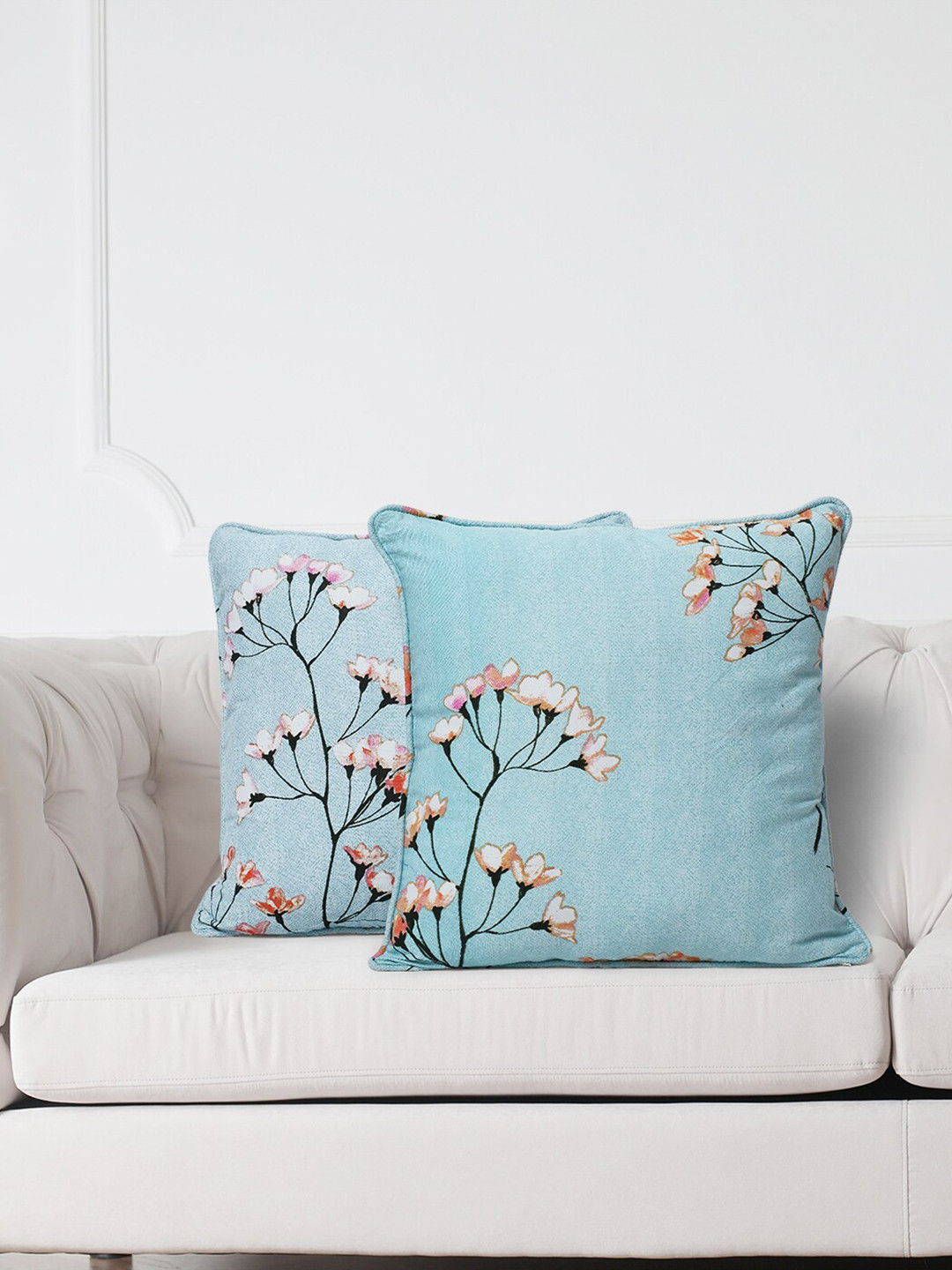 SWAYAM Ananda Blue Floral Cotton Ultra Soft 2 Pcs Square Cushion Covers - 23.6 x 23.6 In