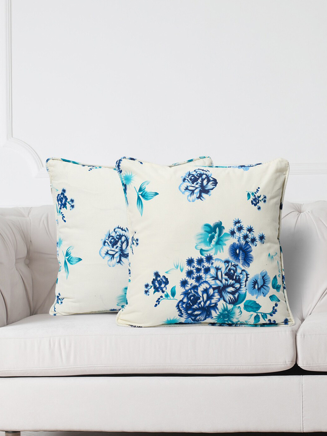 SWAYAM White & Blue Set of 2 Floral Square Cushion Covers