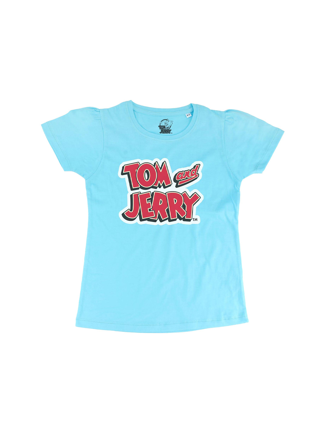 Tom & Jerry Girls Blue & Red Puff Sleeve Pure Cotton Regular Top