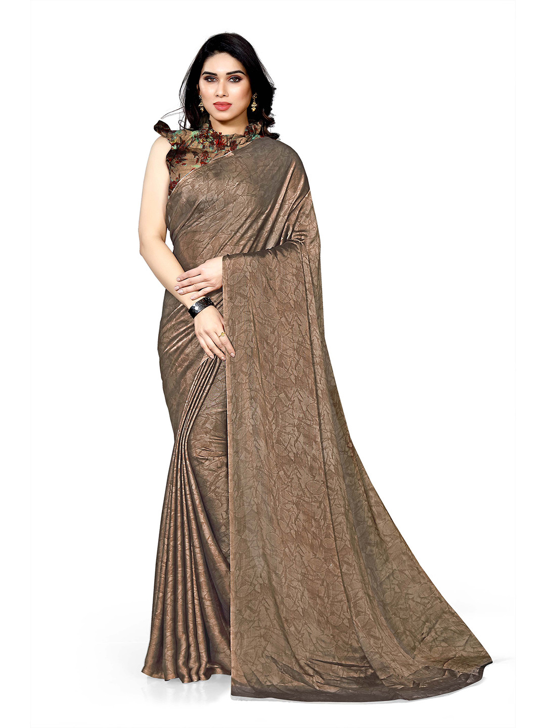 KALINI Brown Printed Chiffon Saree