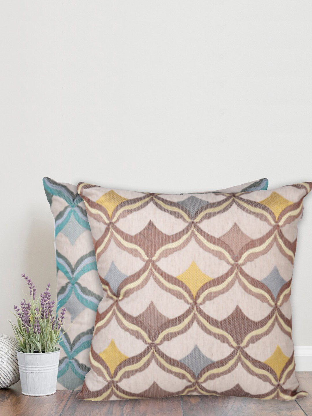 Home Beige Geometric Cotton Breathable 2 Piece Square Cushion Covers -18x18In