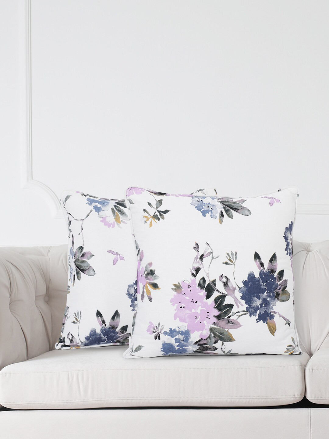 SWAYAM White Floral Cotton Lightweight 2 Square Cushion Covers -24x24In