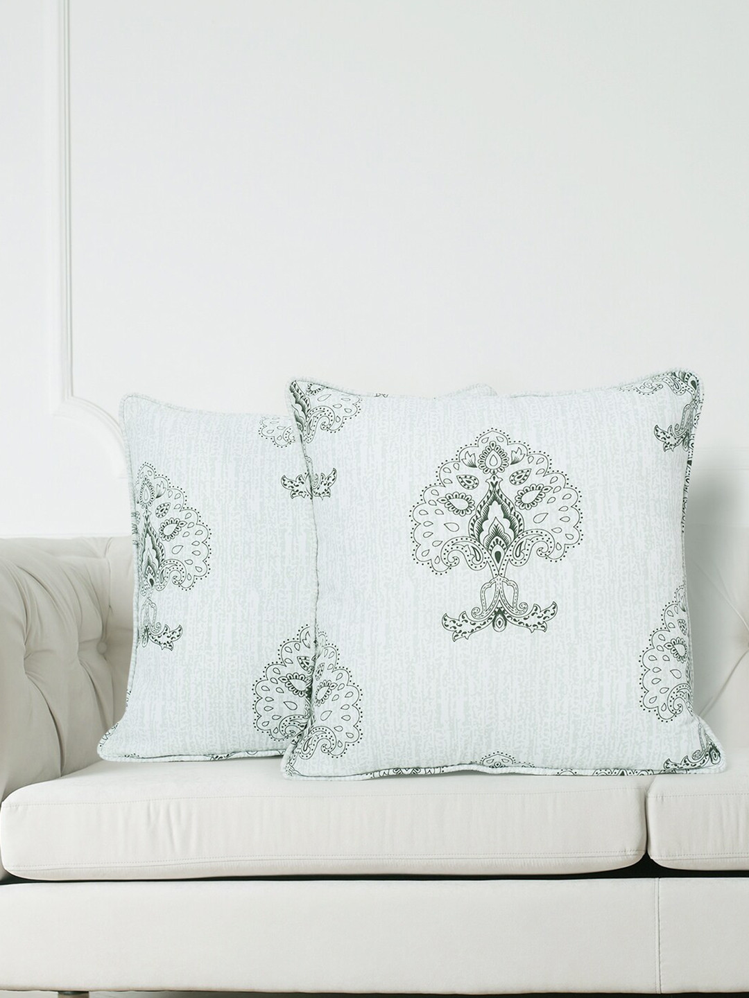 SWAYAM White & Green Set of 2 Ethnic Motifs Square Cushion Covers
