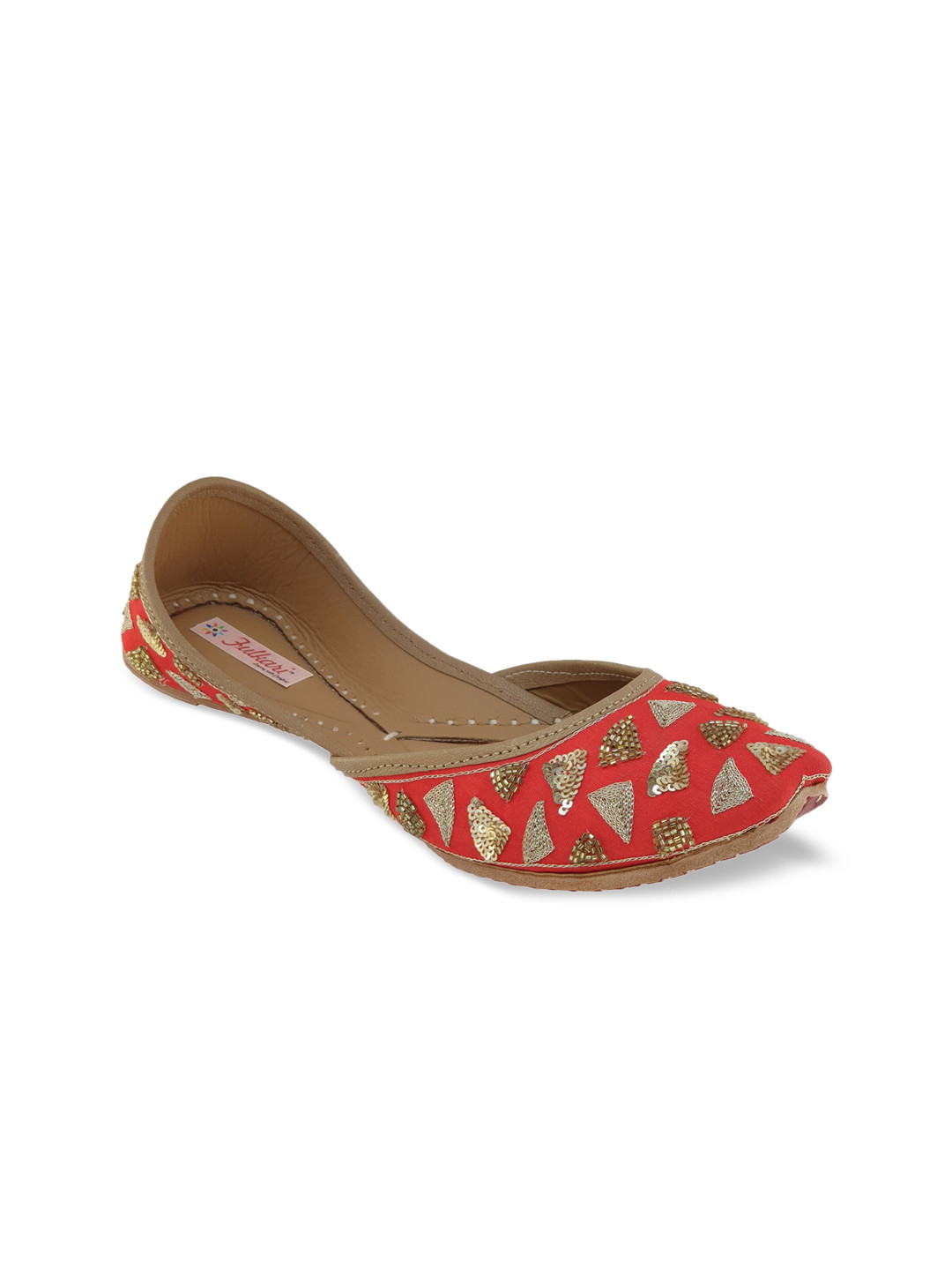 Fulkari Women Red Embellished Mojaris Flats