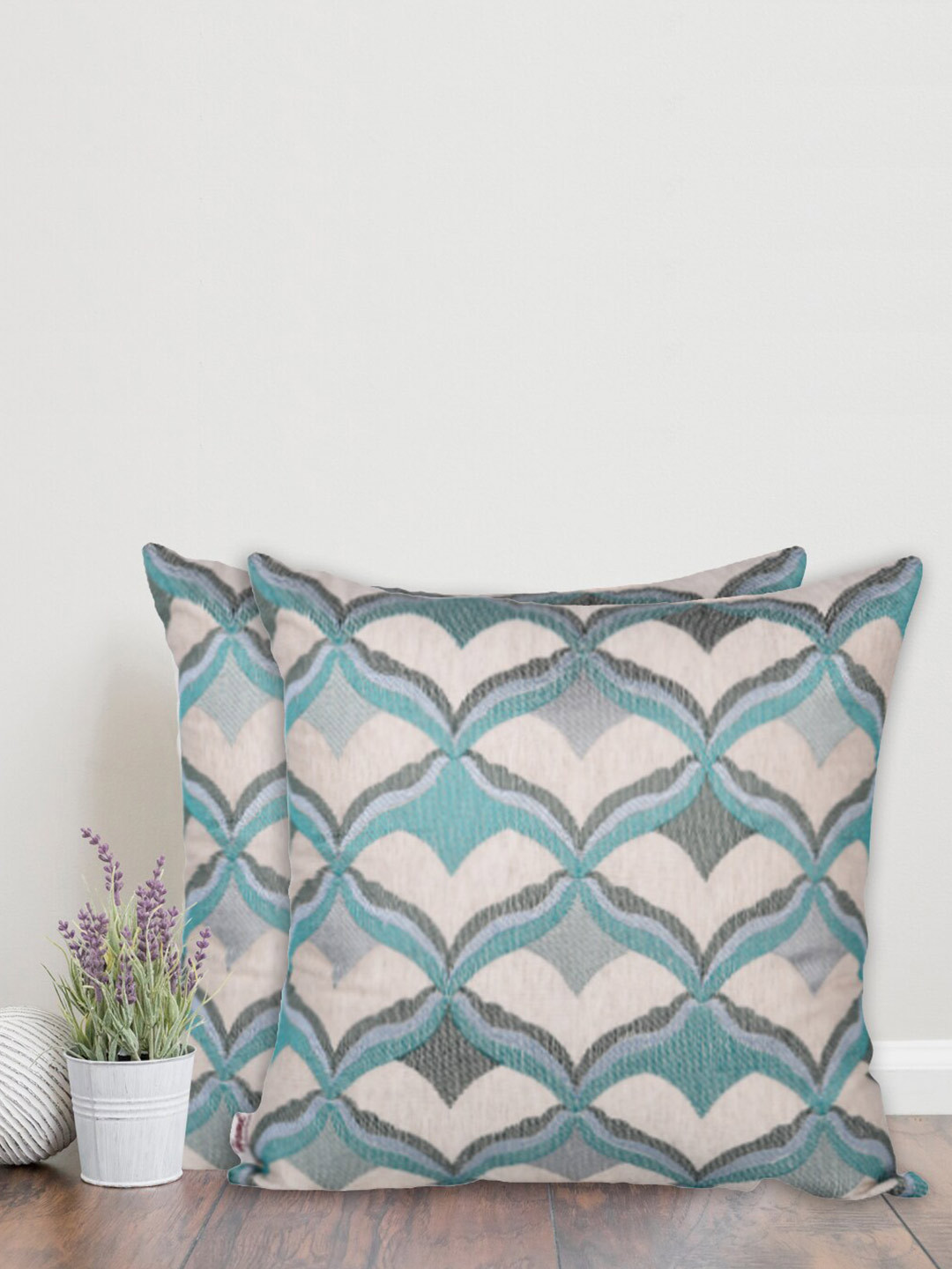 Home Green Geometric Cotton Breathable 2 Textured Square Cushion Covers -18x18In