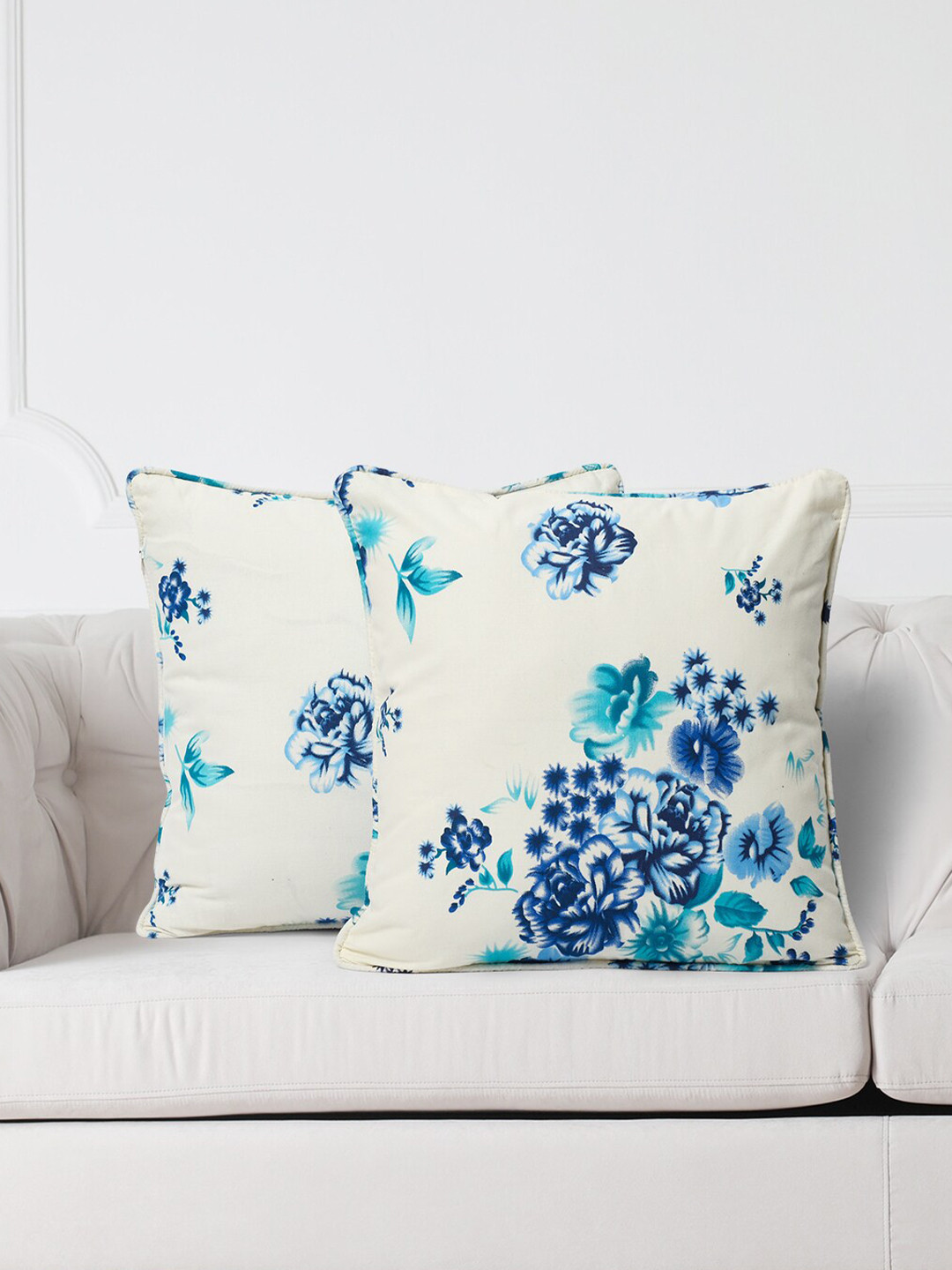 SWAYAM White Floral Cotton Lightweight 2 Piece Square Cushion Covers - 16 x 16 Inches