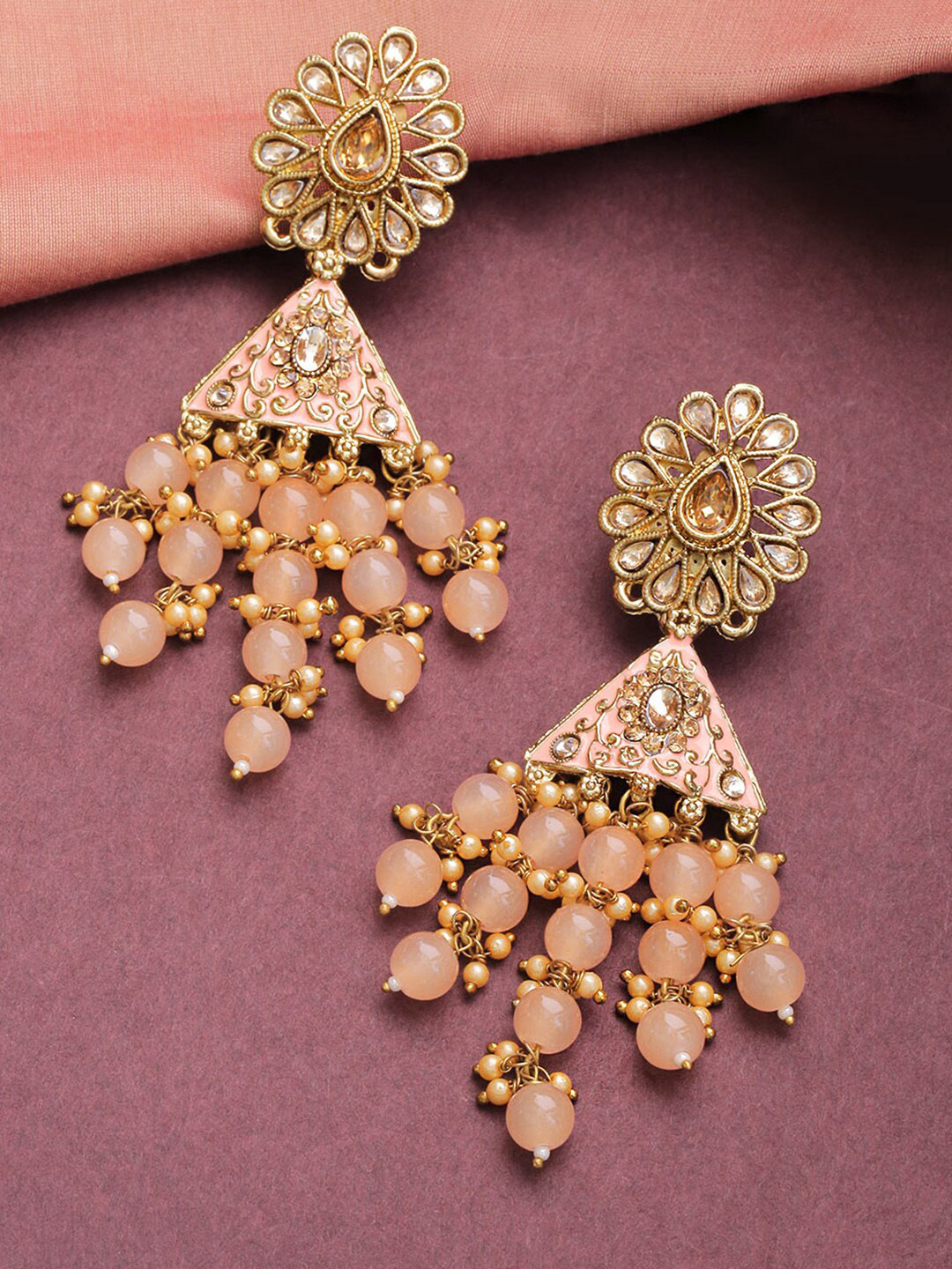 Priyaasi Peach-Coloured Gold-Plated Stone & Beaded Floral Meenakari Drop Earrings
