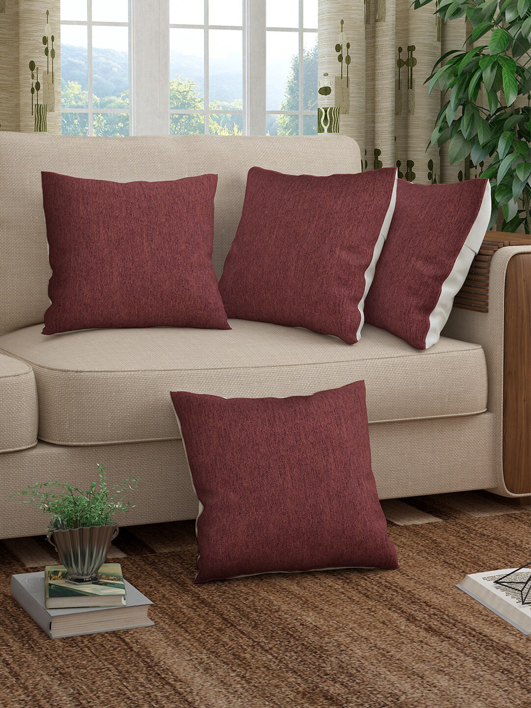 Story@home Maroon Set of 4 Square Cushion Covers