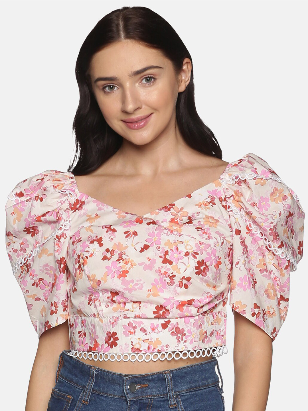 ISU Pink Floral Printed Puff Sleeve Crop Top
