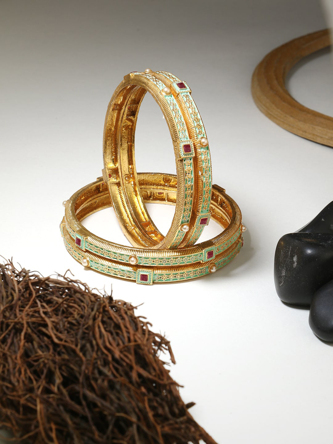 Adwitiya Collection Set Of 4 24CT Gold-Plated Red & Green Stone-Studded & Beaded Handcrafted Enamelled Bangles