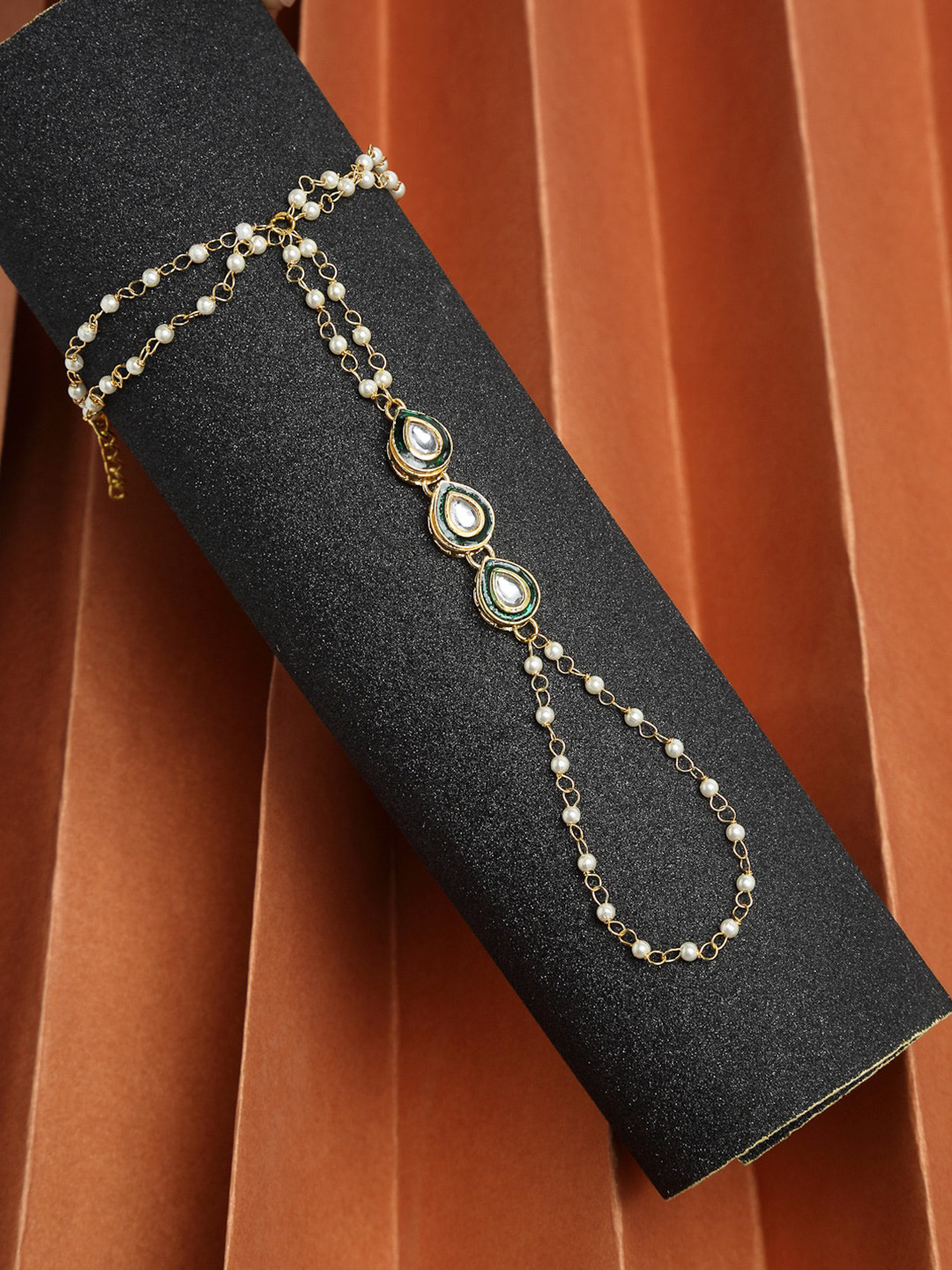 Ruby Raang Women Set of 2 Gold-Plated White Kundan Gold-Plated Cuff Bracelets