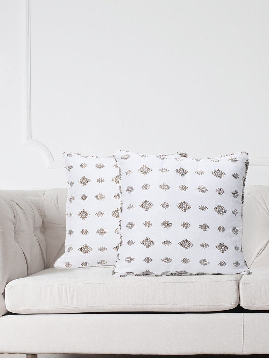 SWAYAM White & Brown Set of 2 Ethnic Motifs Square Cushion Covers