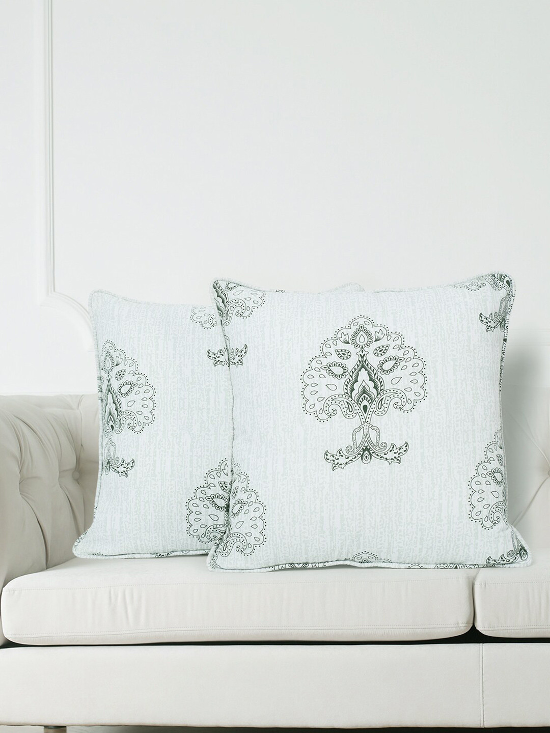 SWAYAM White & Green Set of 2 Ethnic Motifs Square Cushion Covers