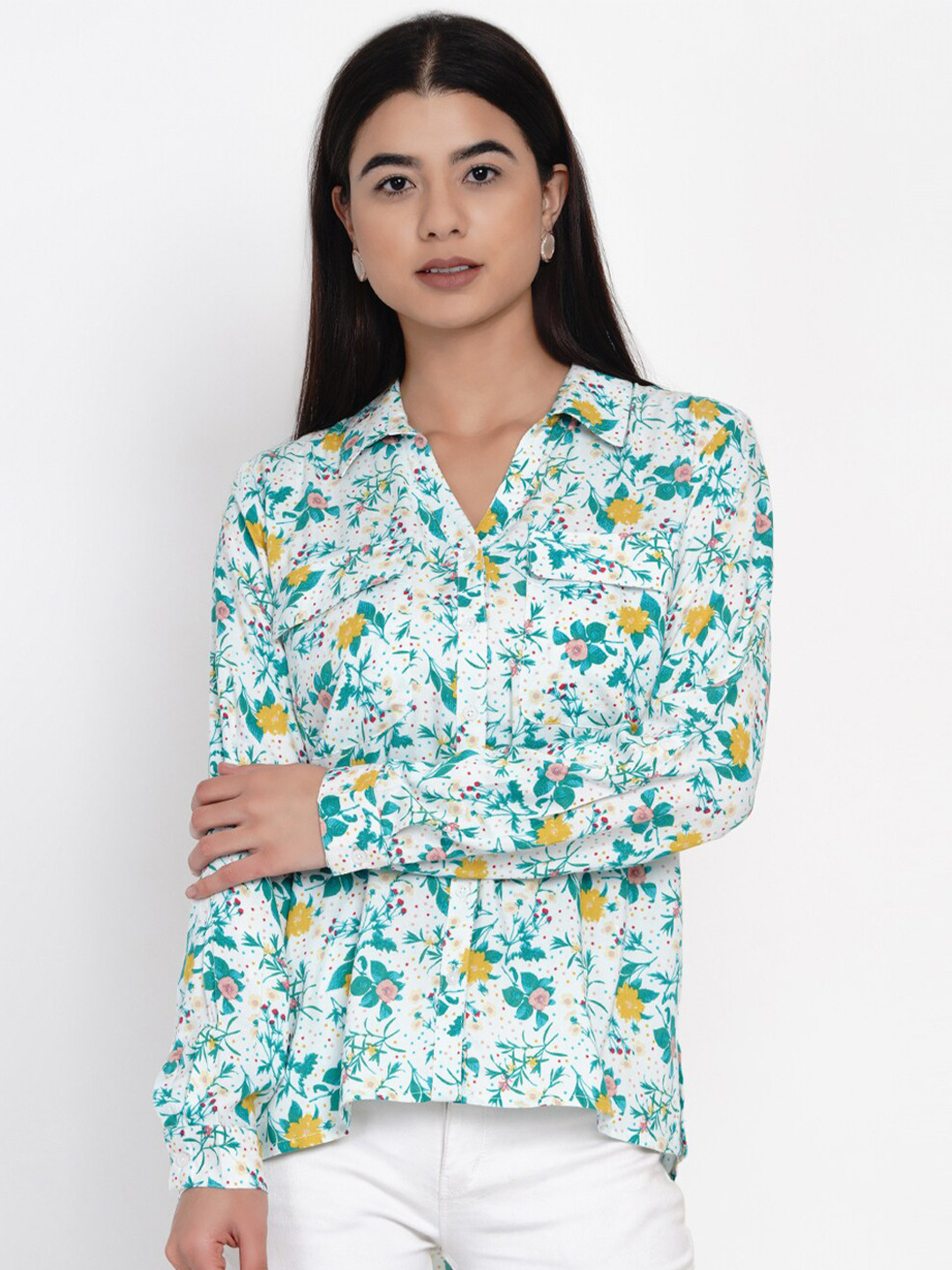 IX IMPRESSION Women White & Sea Green Tropical Shirt Style Top