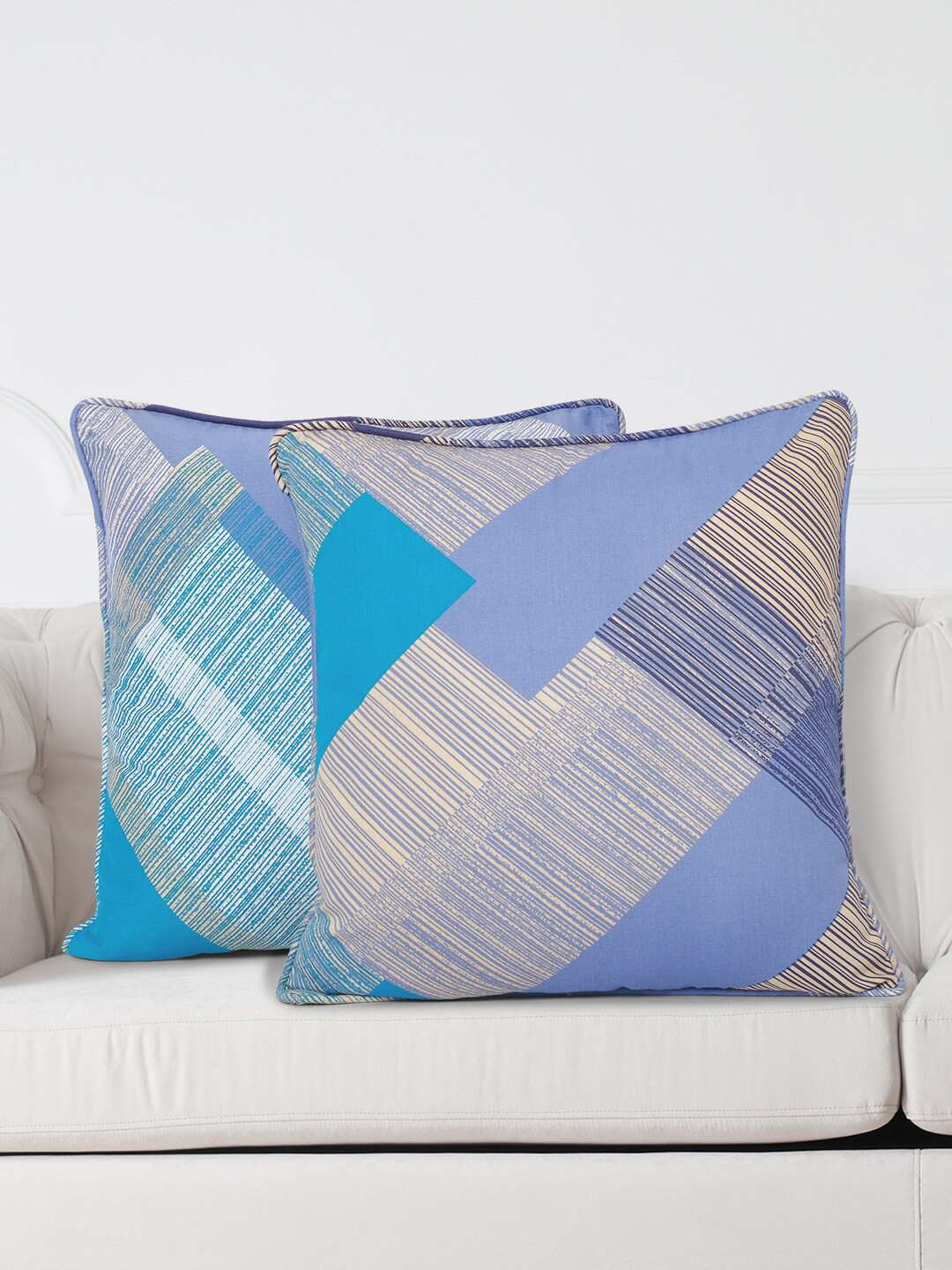 SWAYAM Blue Abstract Cotton Lightweight 2 Piece Square Cushion Covers - 12 x 12 Inches