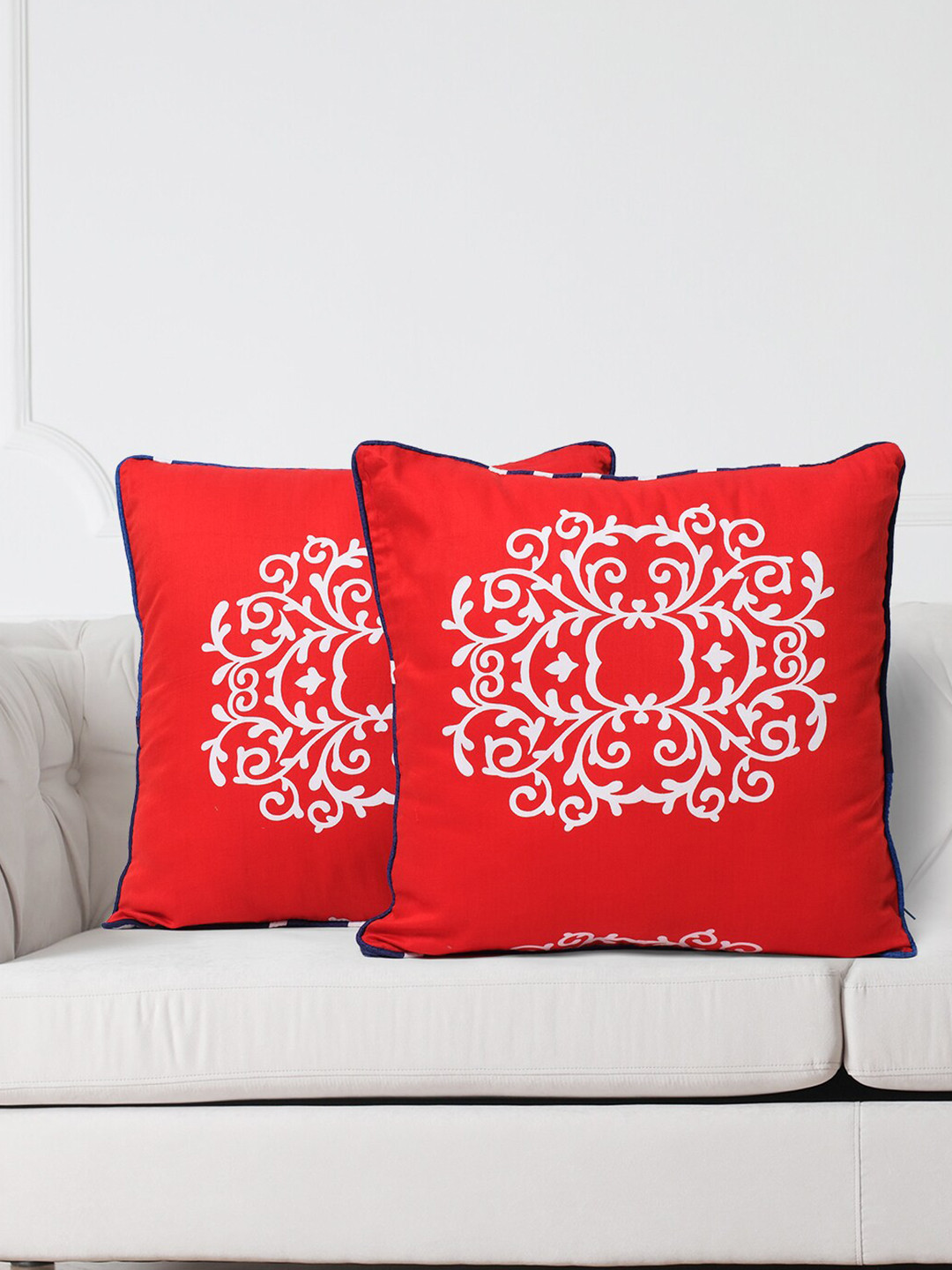SWAYAM Red Ethnic Motifs Cotton Breathable 2 Piece Square Cushion Covers - 20 x 20 Inches