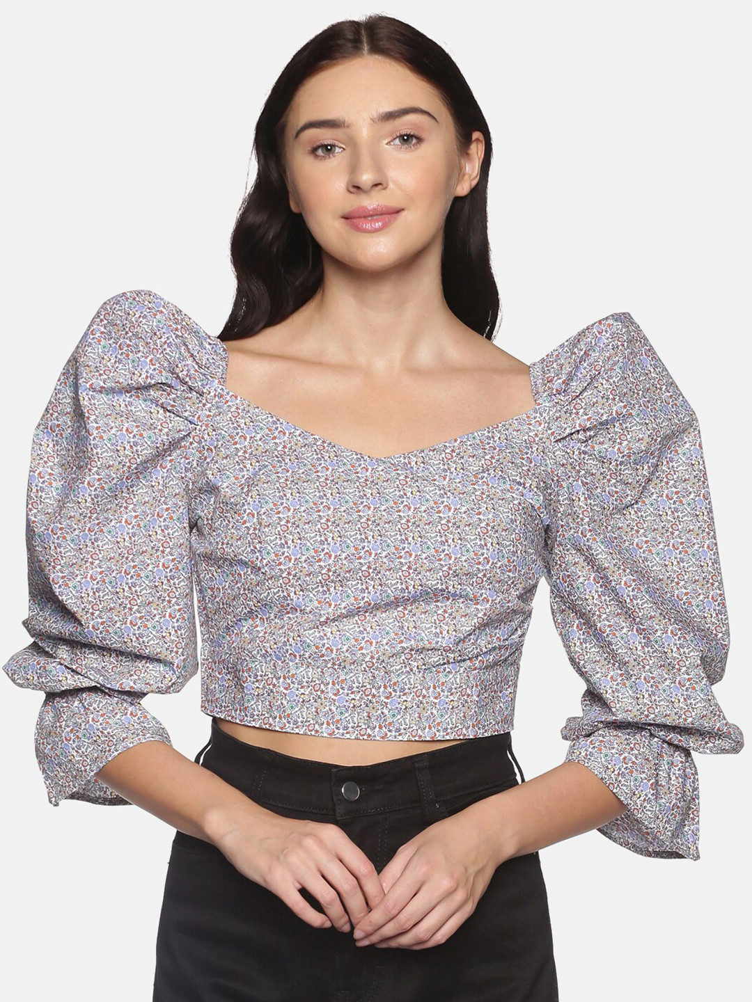 ISU Multicoloured Sweetheart Neck Puff Sleeve Regular Crop Top
