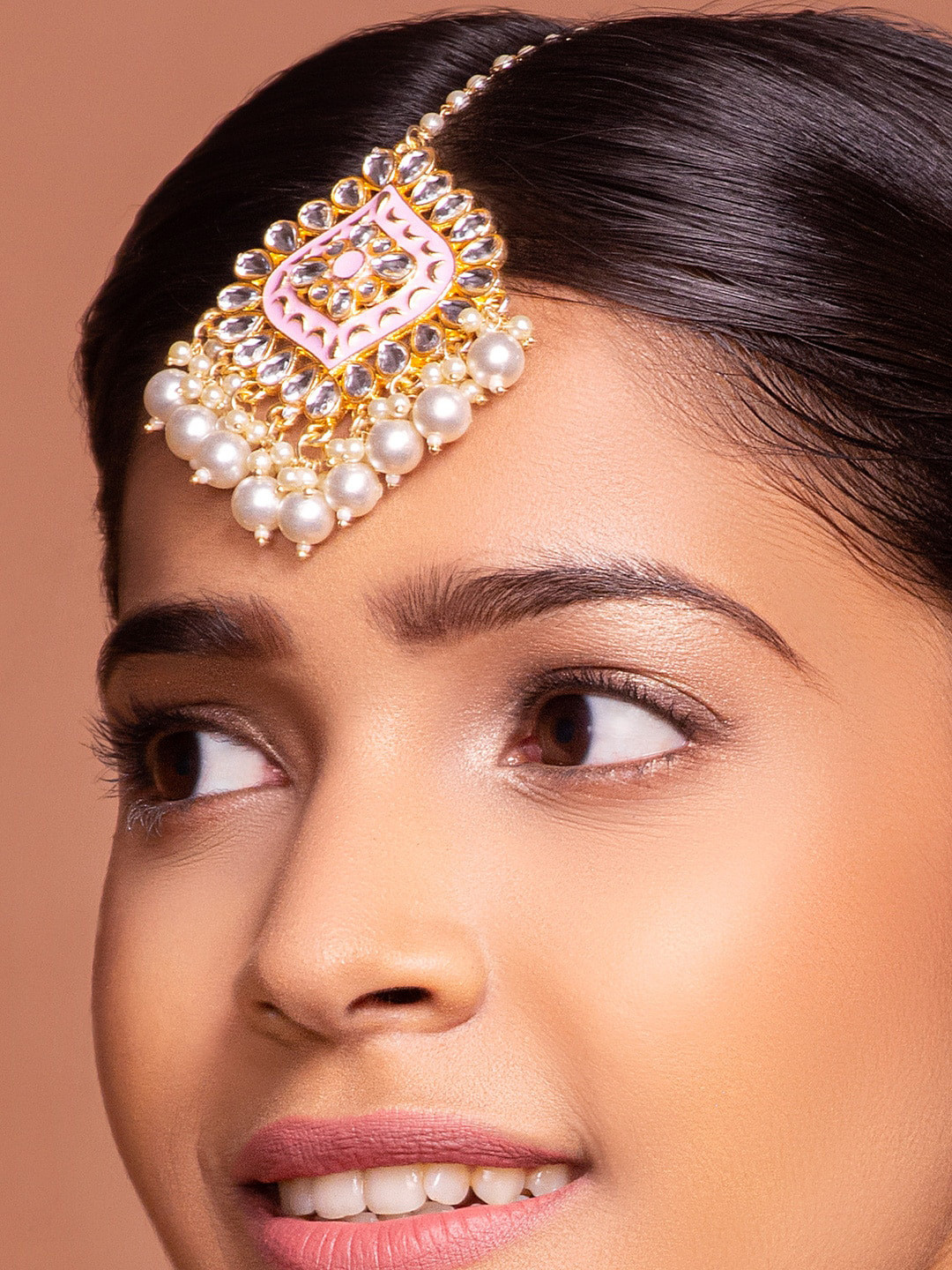 Fida Gold-Plated White & Pink Kundan-Studded & Pearl Beaded Meenakari Maangtikka