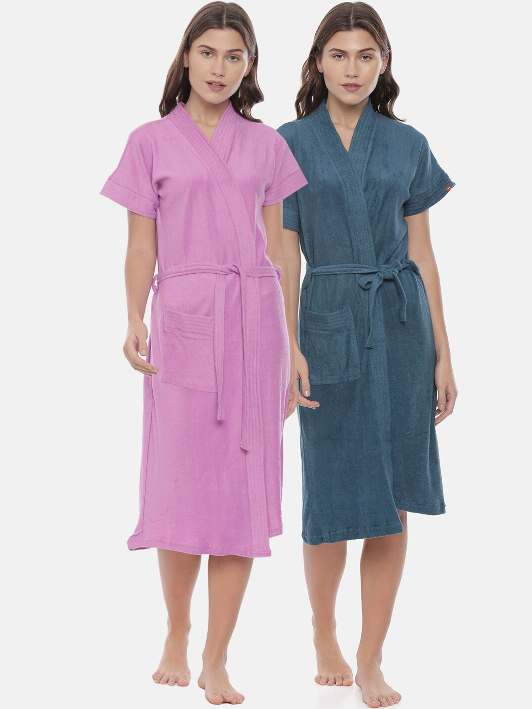 GOLDSTROMS Women Pack Of 2 Lavender & Teal Blue Solid Cotton Bath Robe