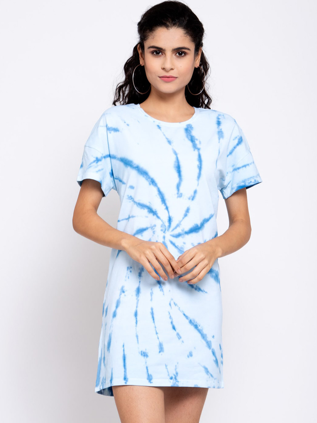 iki chic Blue Tie and Dye T-shirt Pure Cotton Mini Dress