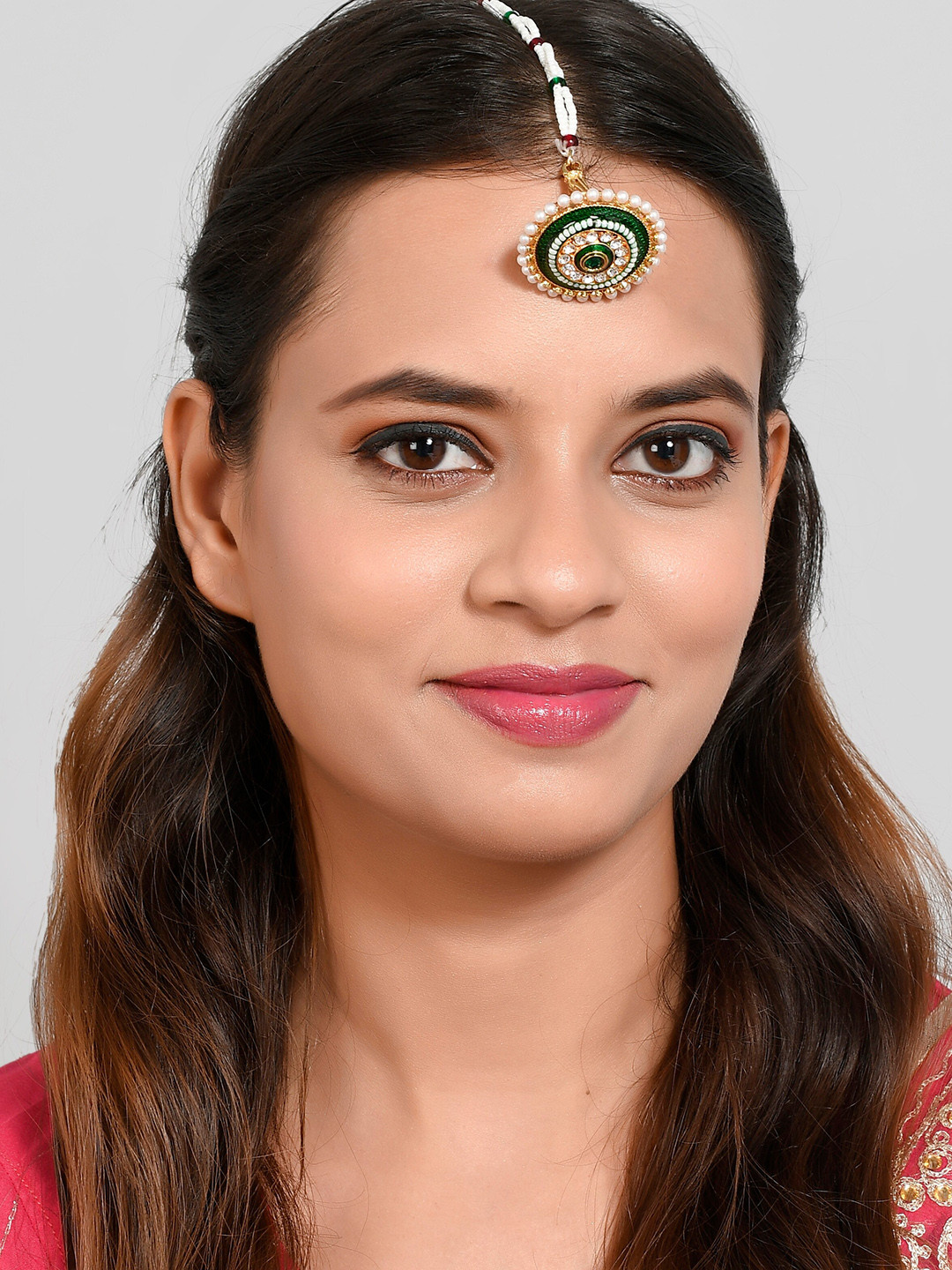 Silvermerc Designs Gold-Plated Green & White Stone Handcrafted Meenakari Borla Manng Tikka