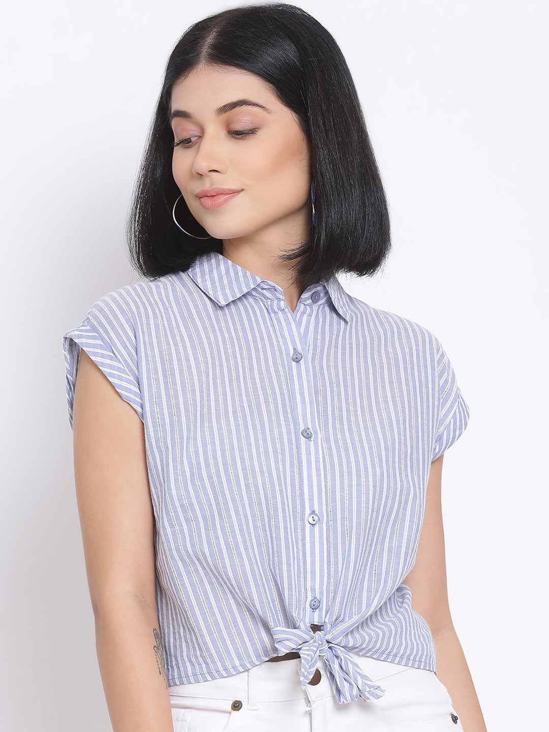Oxolloxo Women Blue Striped Casual Shirt