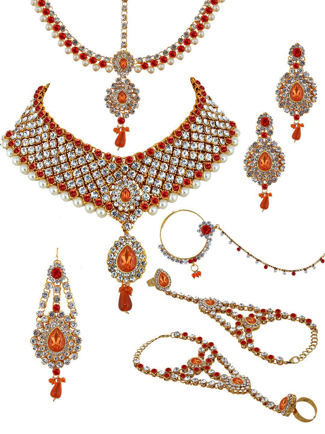 LUCKY JEWELLERY 18K Gold-Plated Orange & White CZ-Studded & Beaded Handcrafted Bridal Jewellery Set