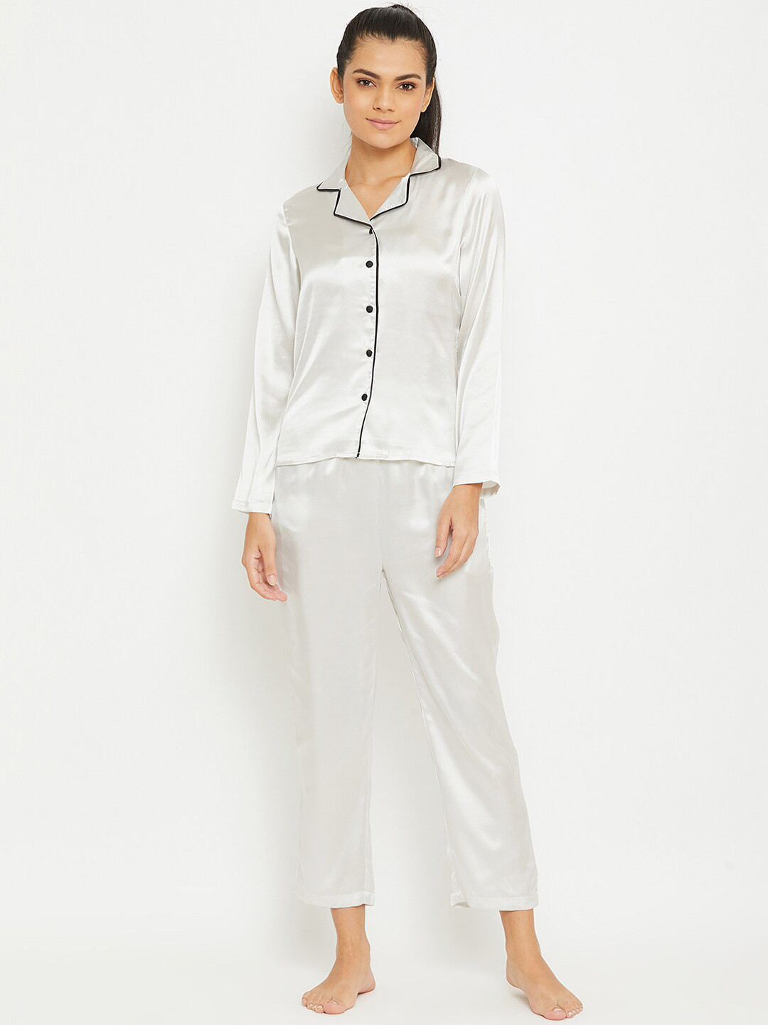 PANIT Women White & Black Satin Night suit