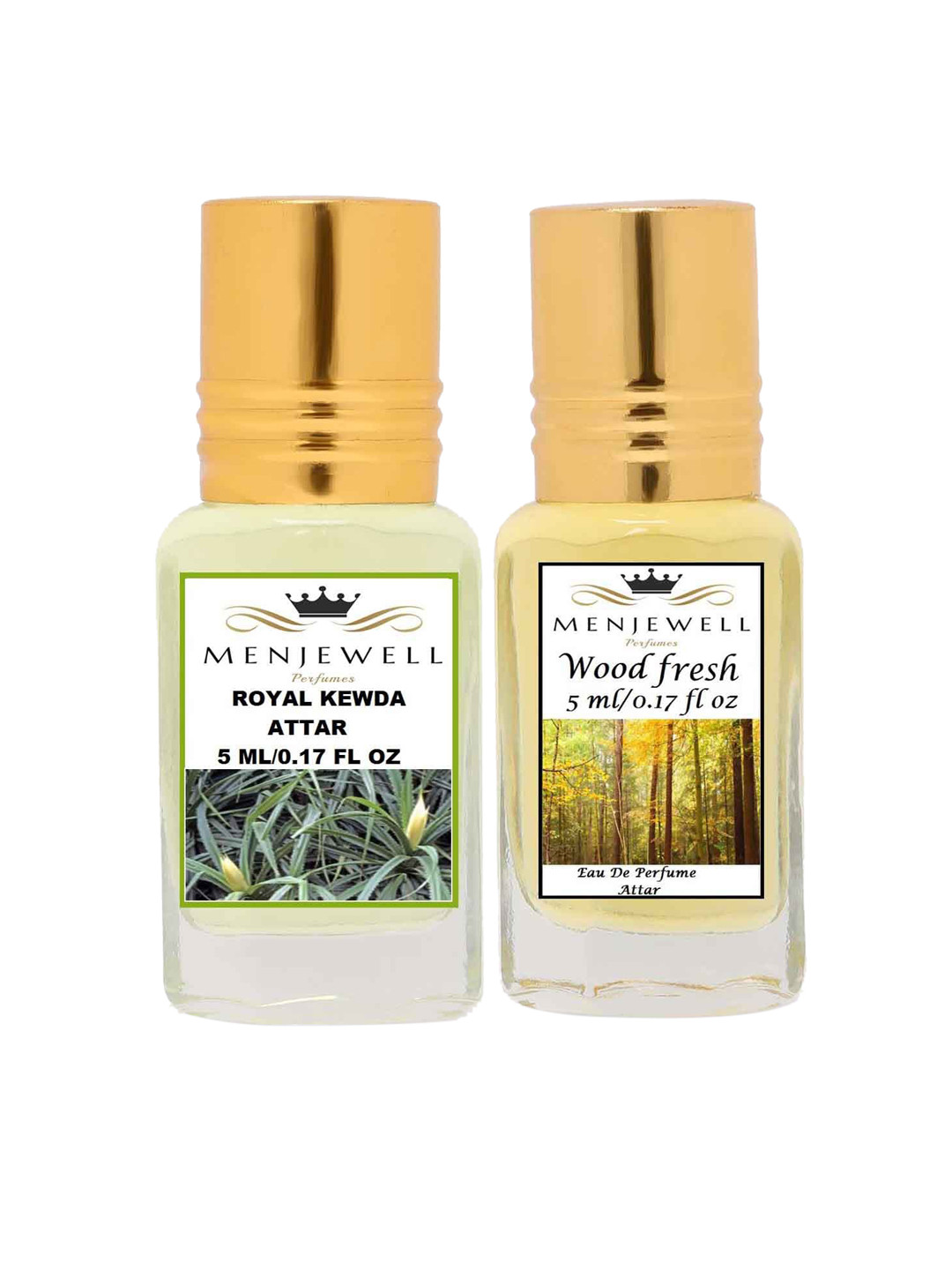 Menjewell Pack of 2 Attar - Royal Kewda & Wood Fresh Attar 5ml Each