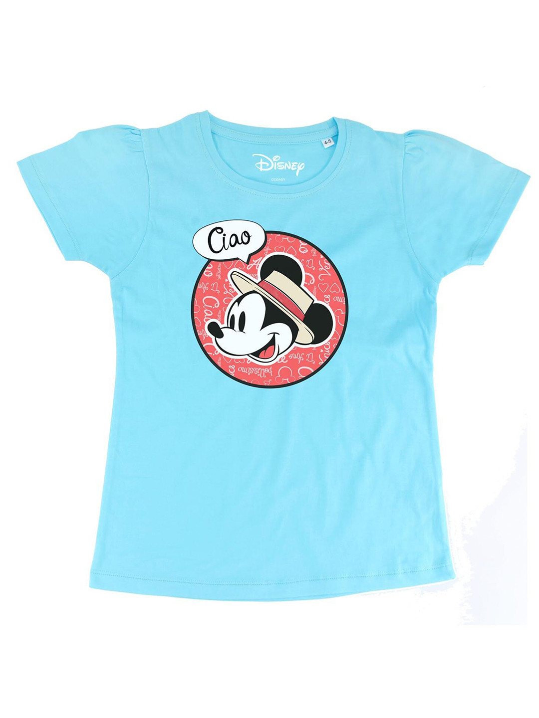Disney by Wear Your Mind Girls Sky Blue Pure Mickey Mouse Character Printed Cotton T-shirt