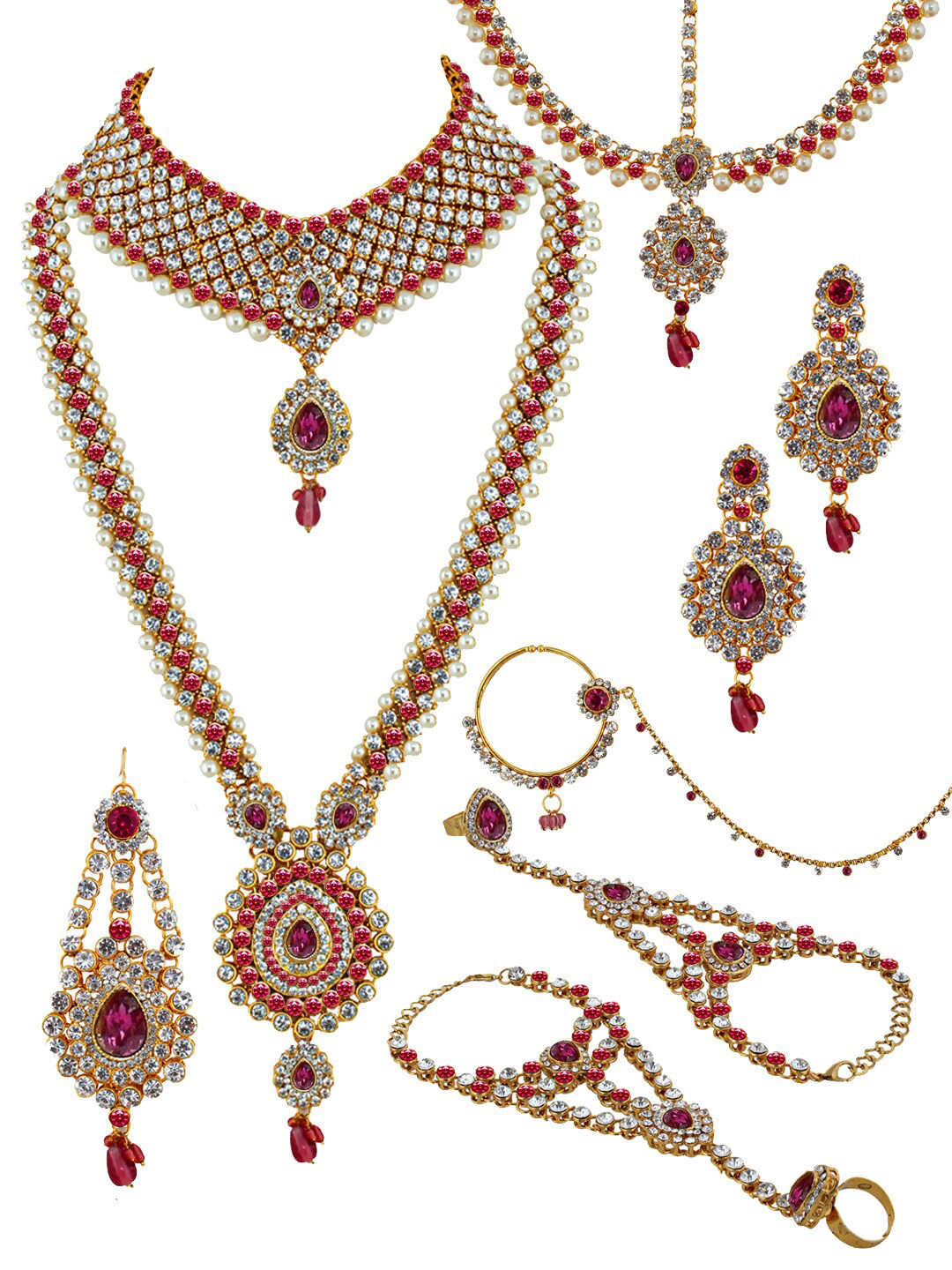 LUCKY JEWELLERY 18 K Gold-Plated Magenta-Pink Cubic Zirconia-Studded Jewellery Set
