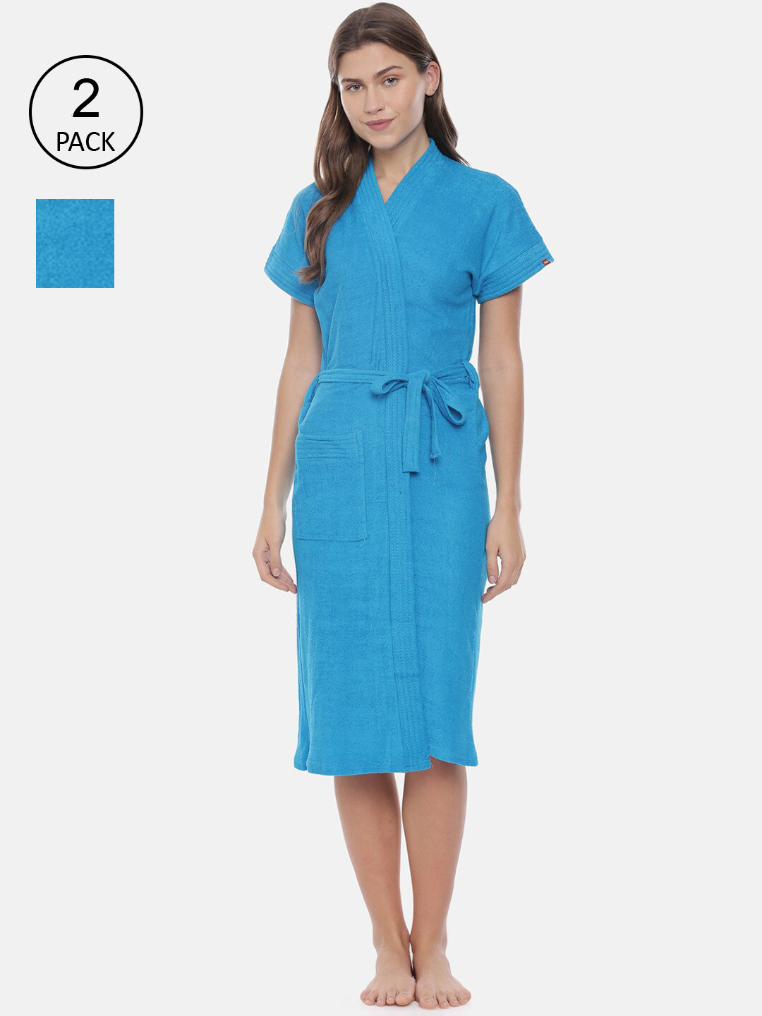 GOLDSTROMS Blue Solid Cotton Drawstring Knee Length Set of 2 Bath Robe-