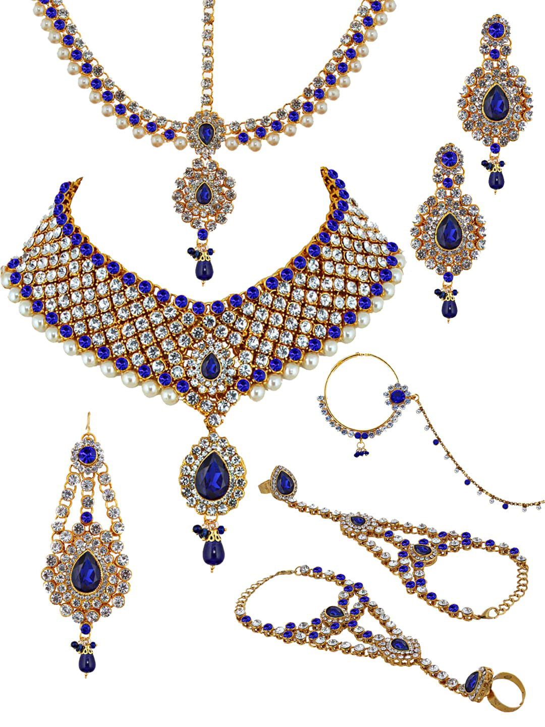 LUCKY JEWELLERY Gold-Plated Blue Stone-Studded Pearl Beaded Bridal Jewellery Set