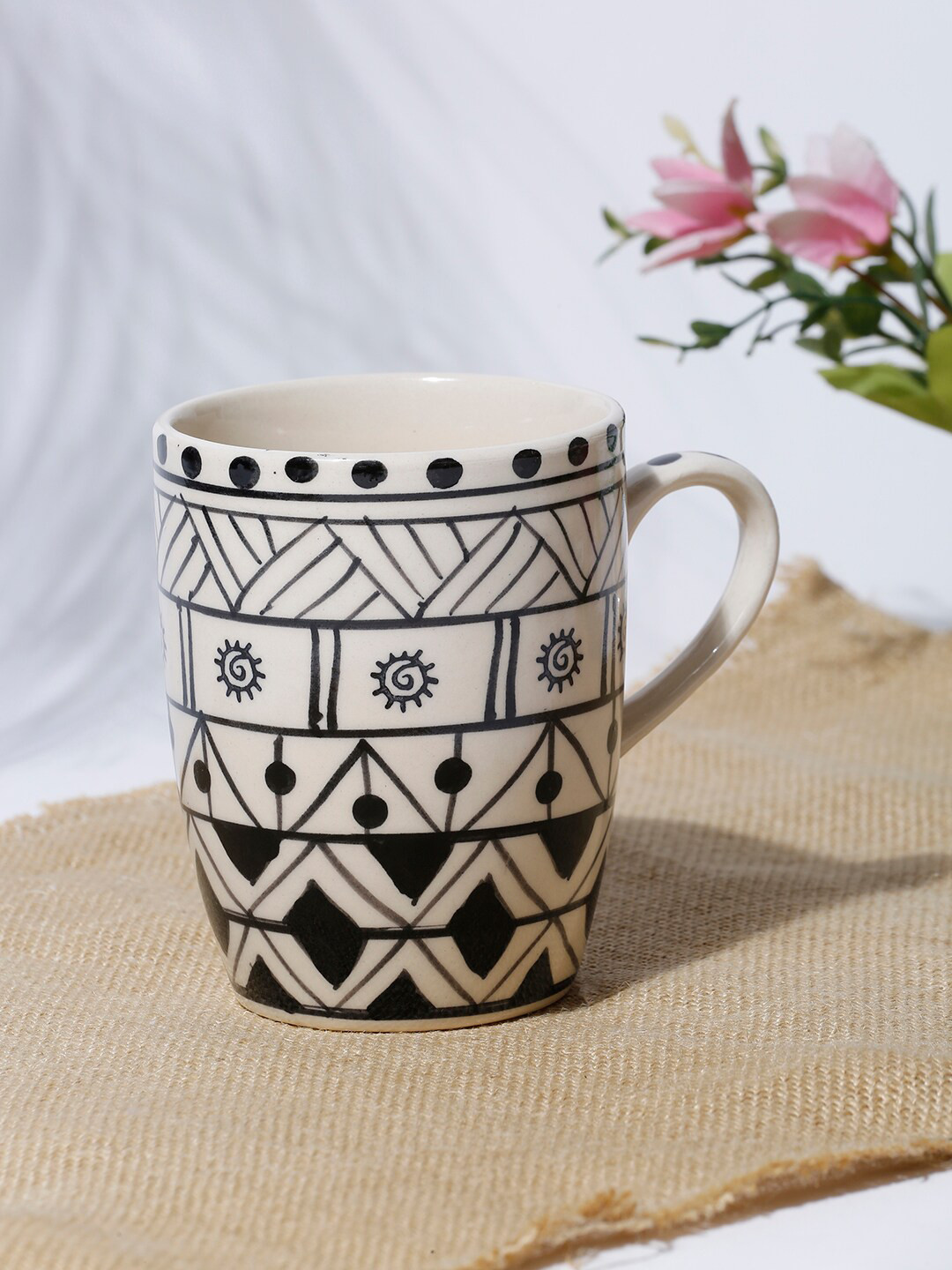 Fabindia 3D Design White Abstract Ceramic Microwave Safe Mug-300ml