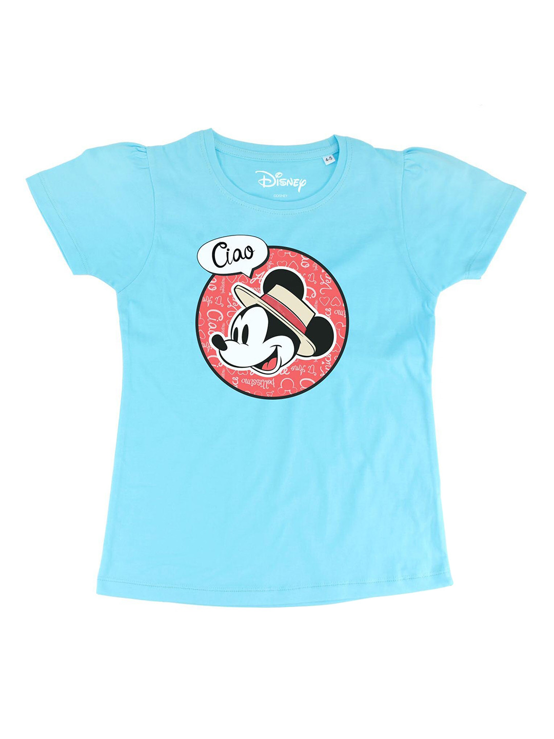 Disney by Wear Your Mind Girls Sky Blue Mickey Mouse Printed Pure Cotton T-shirt