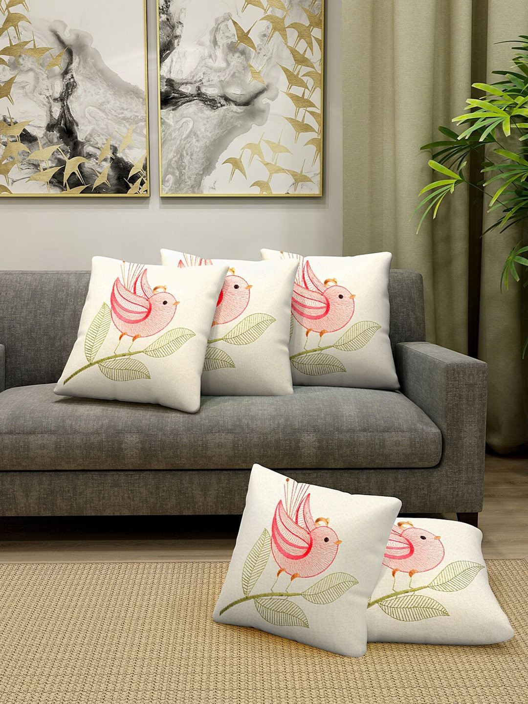 KLOTTHE Off White Embroidered Cotton Breathable 5 Pcs Cushion Covers - 11.8 x 11.8 Inches