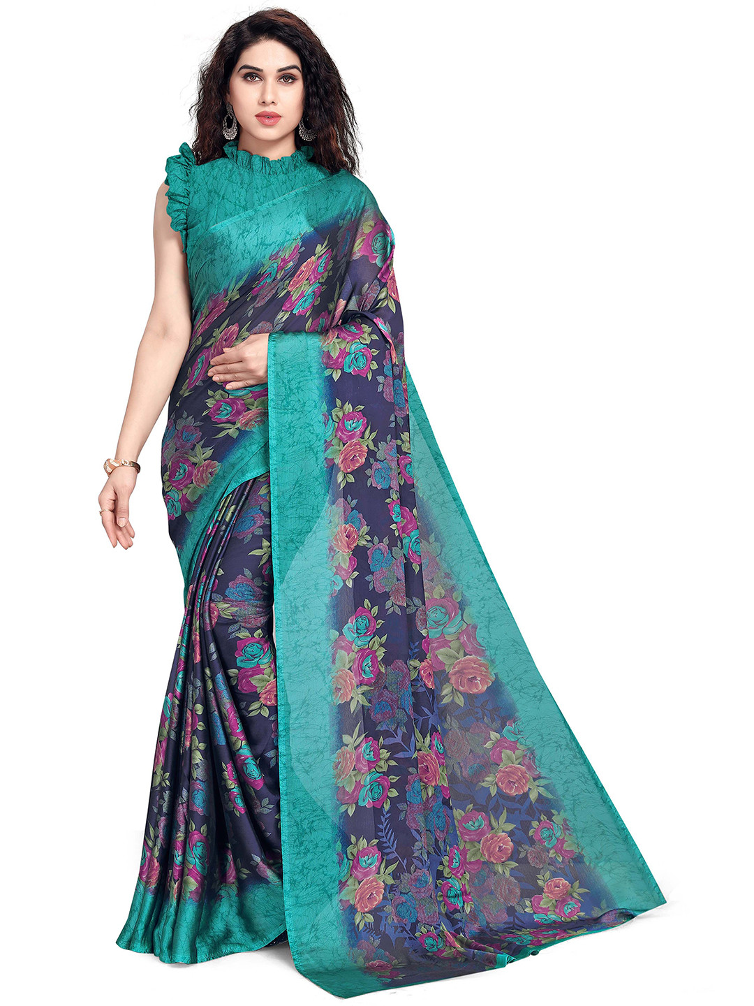 KALINI Navy Blue & Teal Floral Bagh Saree