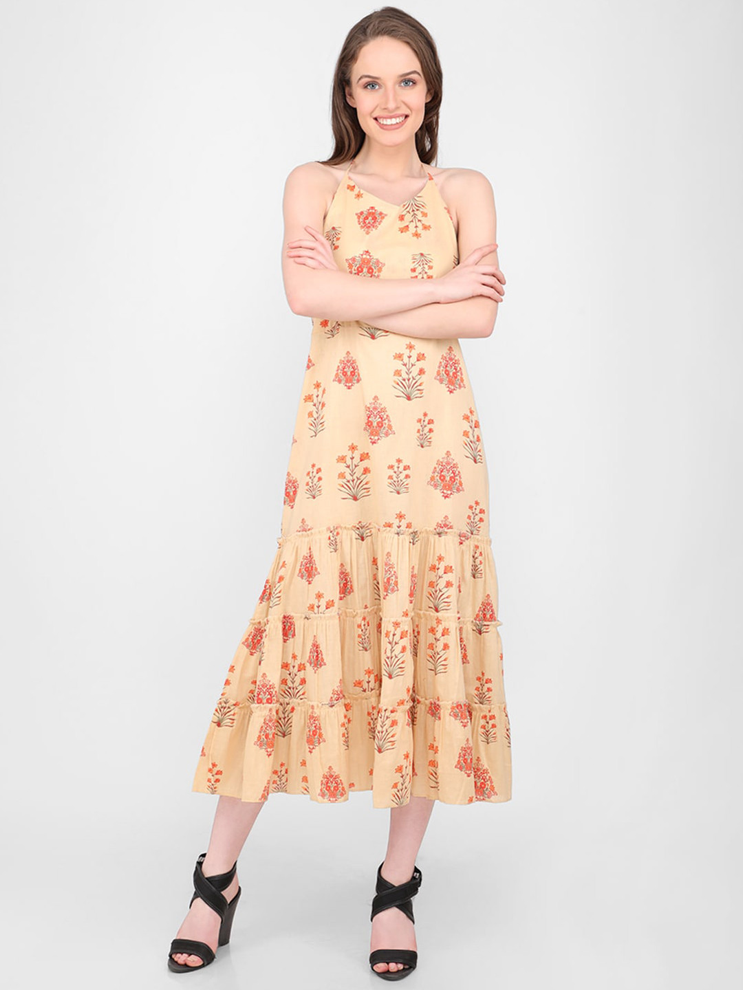 MARC LOUIS Beige & Red Floral Printed Halter Neck Cotton Midi Dress