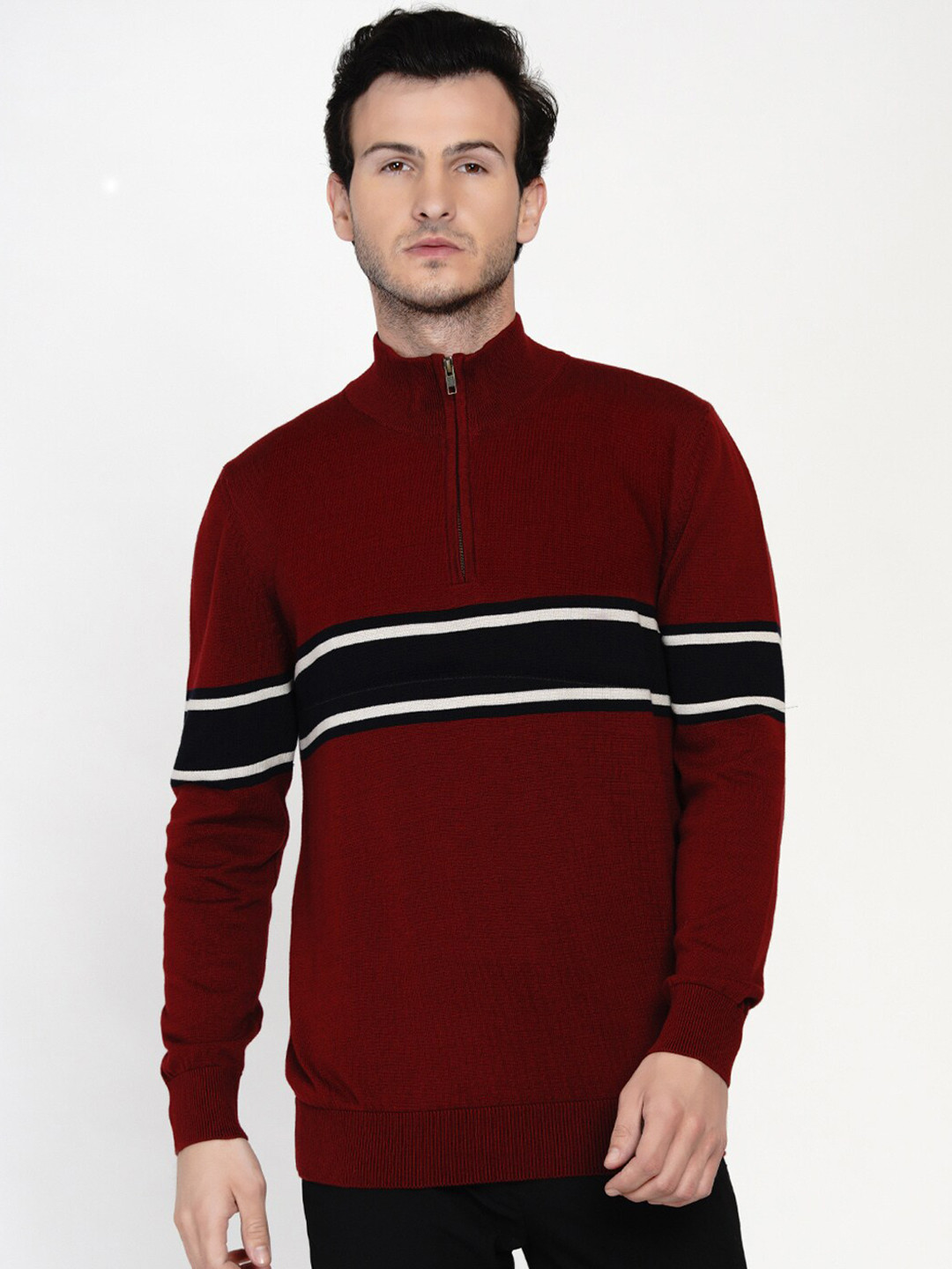 ARMISTO Men Maroon & Black Striped Pullover