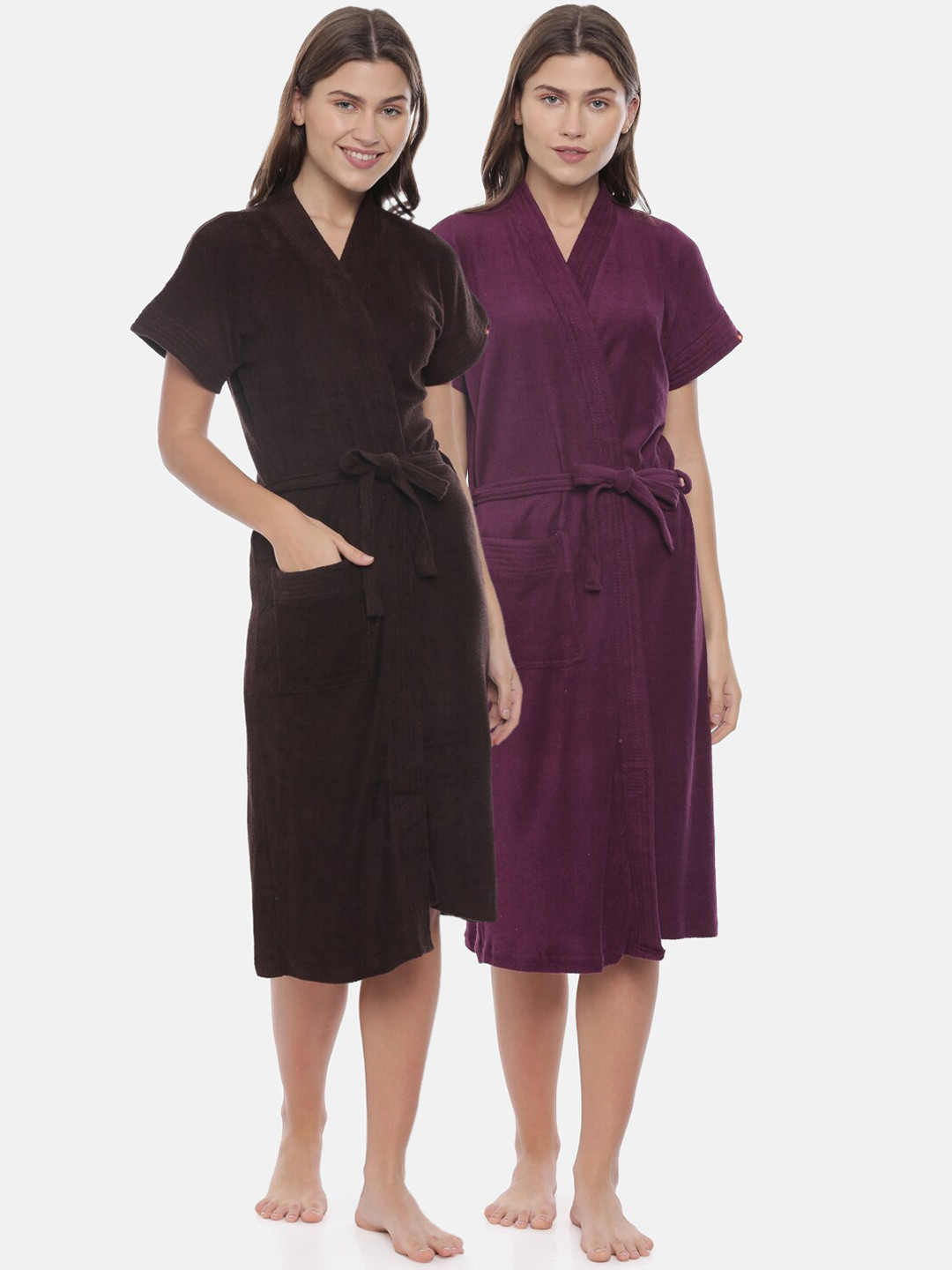 GOLDSTROMS Women Pack Of 2 Coffee Brown & Burgundy Solid Cotton Bath Robes