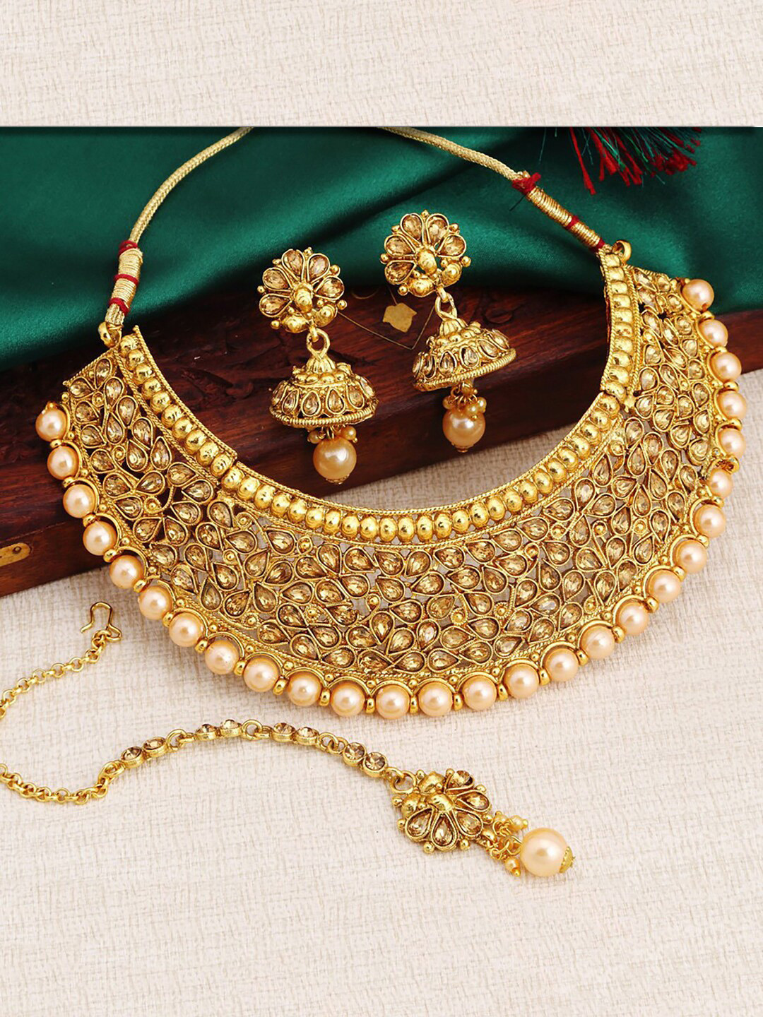Sukkhi LCT Gold-Plated & Beige Pearl Embellished & Stone-Studded Jewellery Set