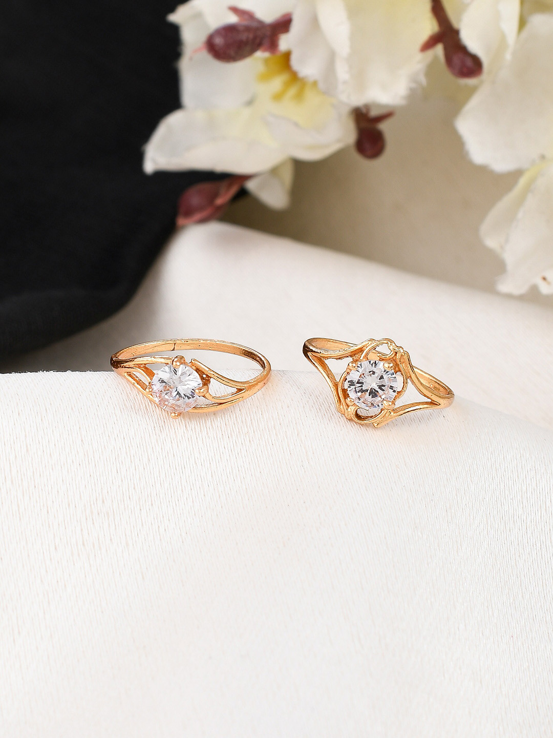 Silvermerc Designs Women Set Of 2 Gold-Plated White AD-Studded Handcrafted Finger Rings