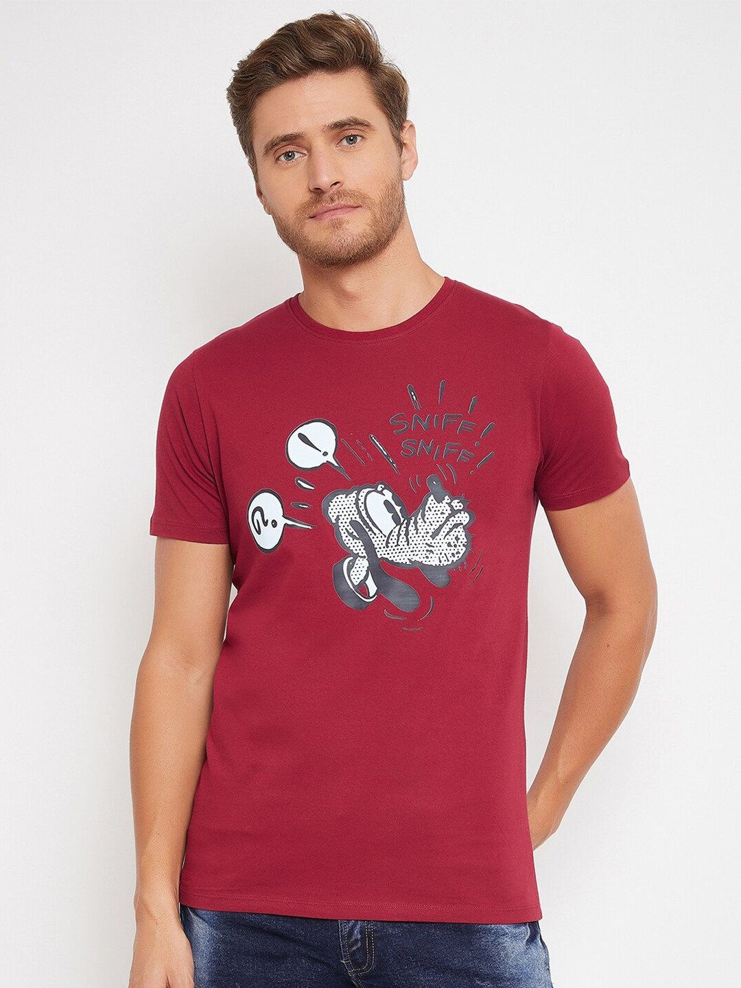 Disney by Wear Your Mind Men Maroon Printed Applique T-shirt