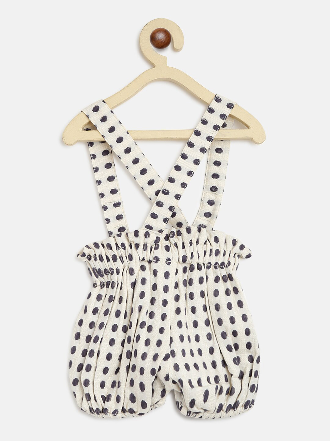 Kids On Board Infant Girls White & Black Dot Printed Cotton Dungarees