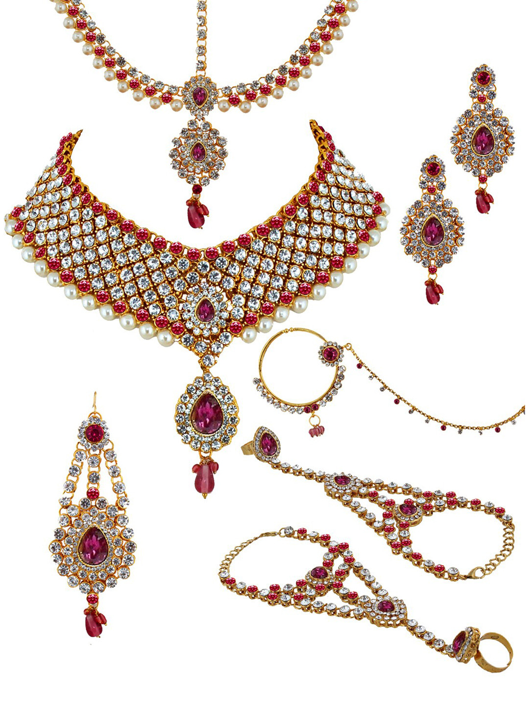 LUCKY JEWELLERY Gold-Plated Magenta Pink & White CZ-Studded Beaded Handcrafted Bridal Jewellery Set