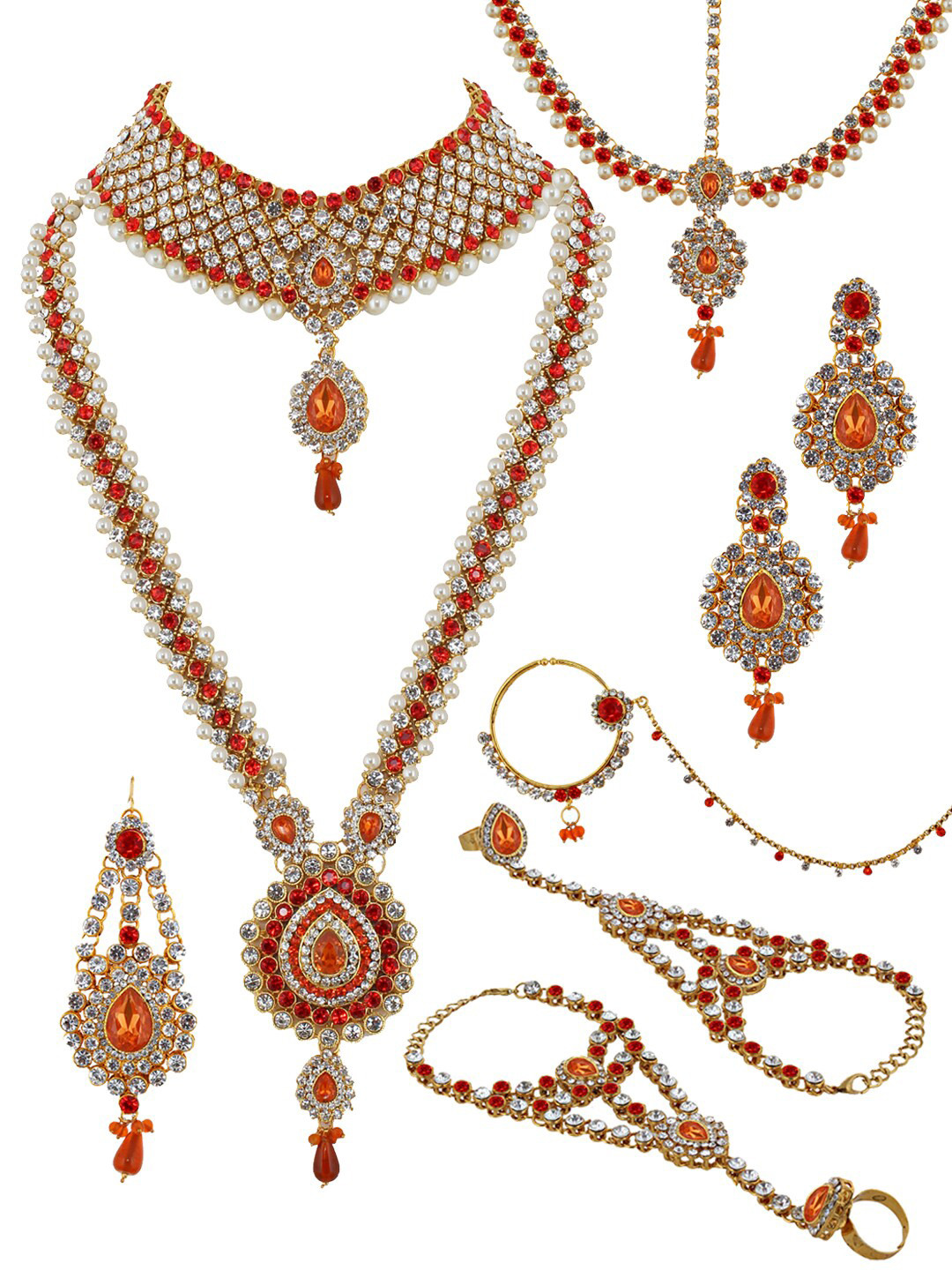 LUCKY JEWELLERY 18K Gold-Plated Orange & White CZ-Studded & Beaded Handcrafted Jewellery Set