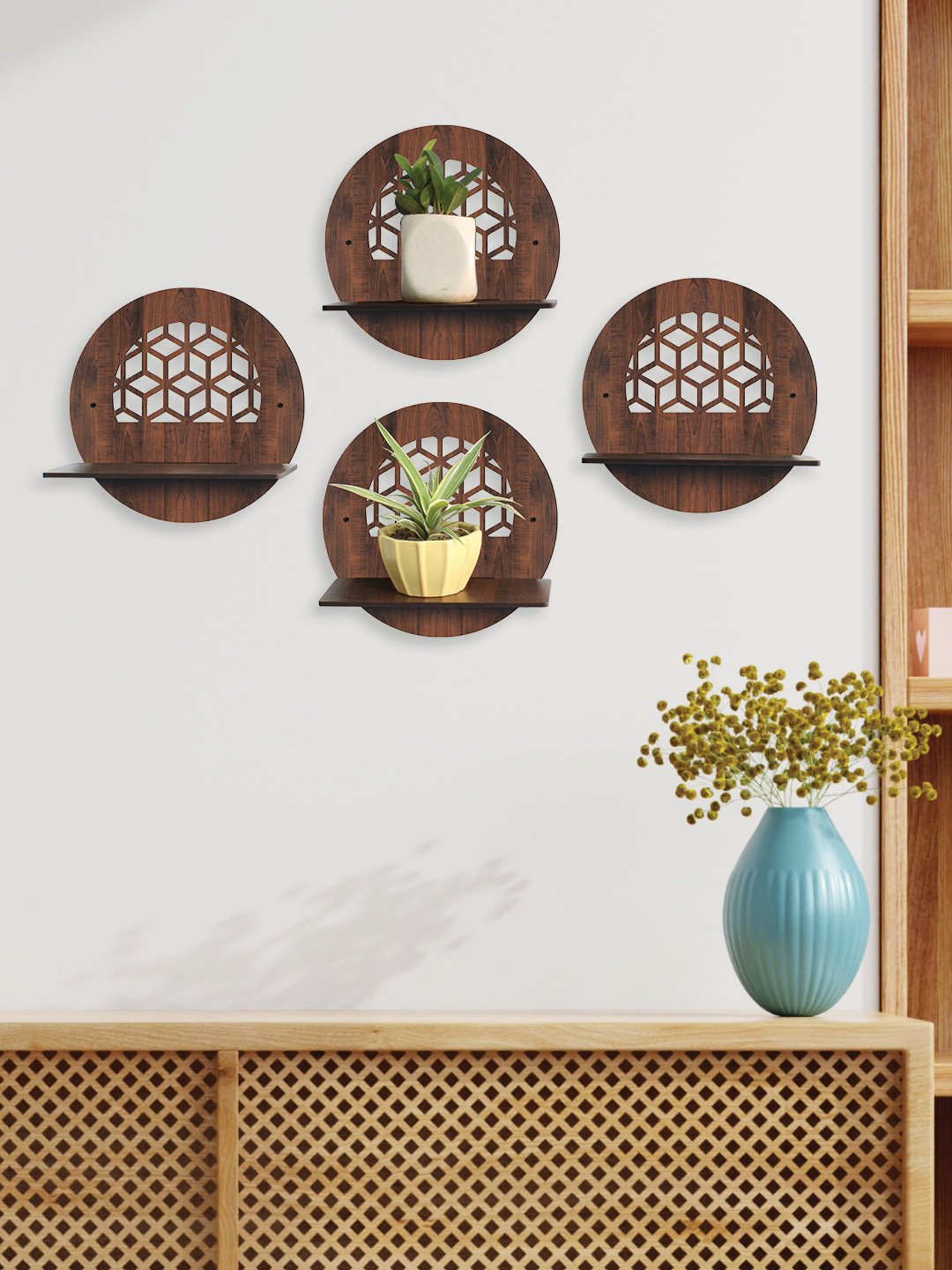RANDOM Set Of 4 Brown MDF Round Basic Wall Plant/Flower Shelf