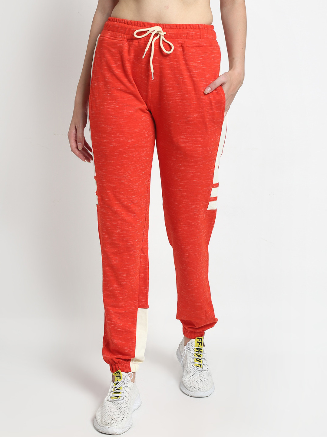 Club York Women Orange & White Colourblocked Straight-Fit Joggers