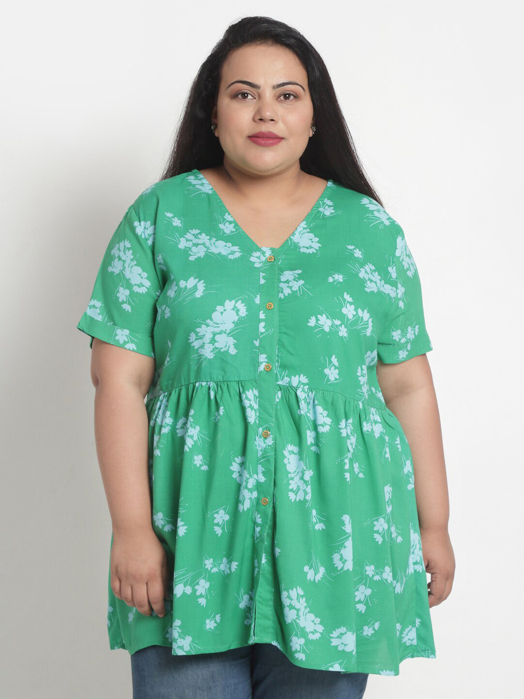sindrellastorie Green & White Floral Back Tie Cinched Waist Top