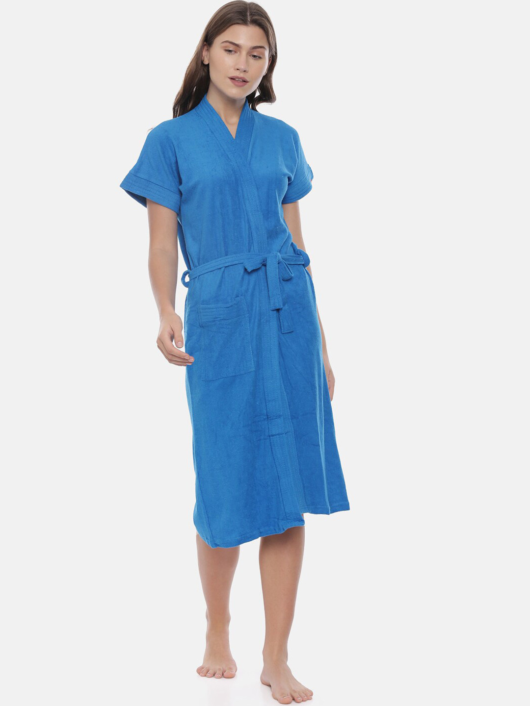 GOLDSTROMS Blue Solid Cotton Drawstring Knee Length Bath Robe